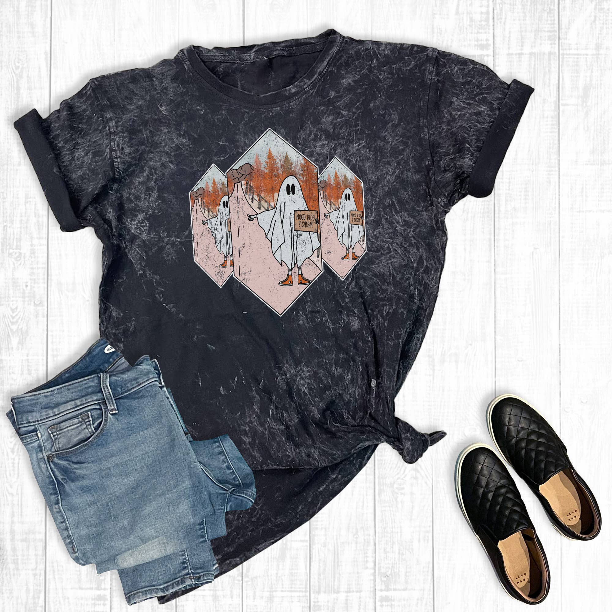 Halloween Need A Ride To Salem Mineral Wash Graphic Tee Hoodie, Sweatshirt | PodTeesHub.com