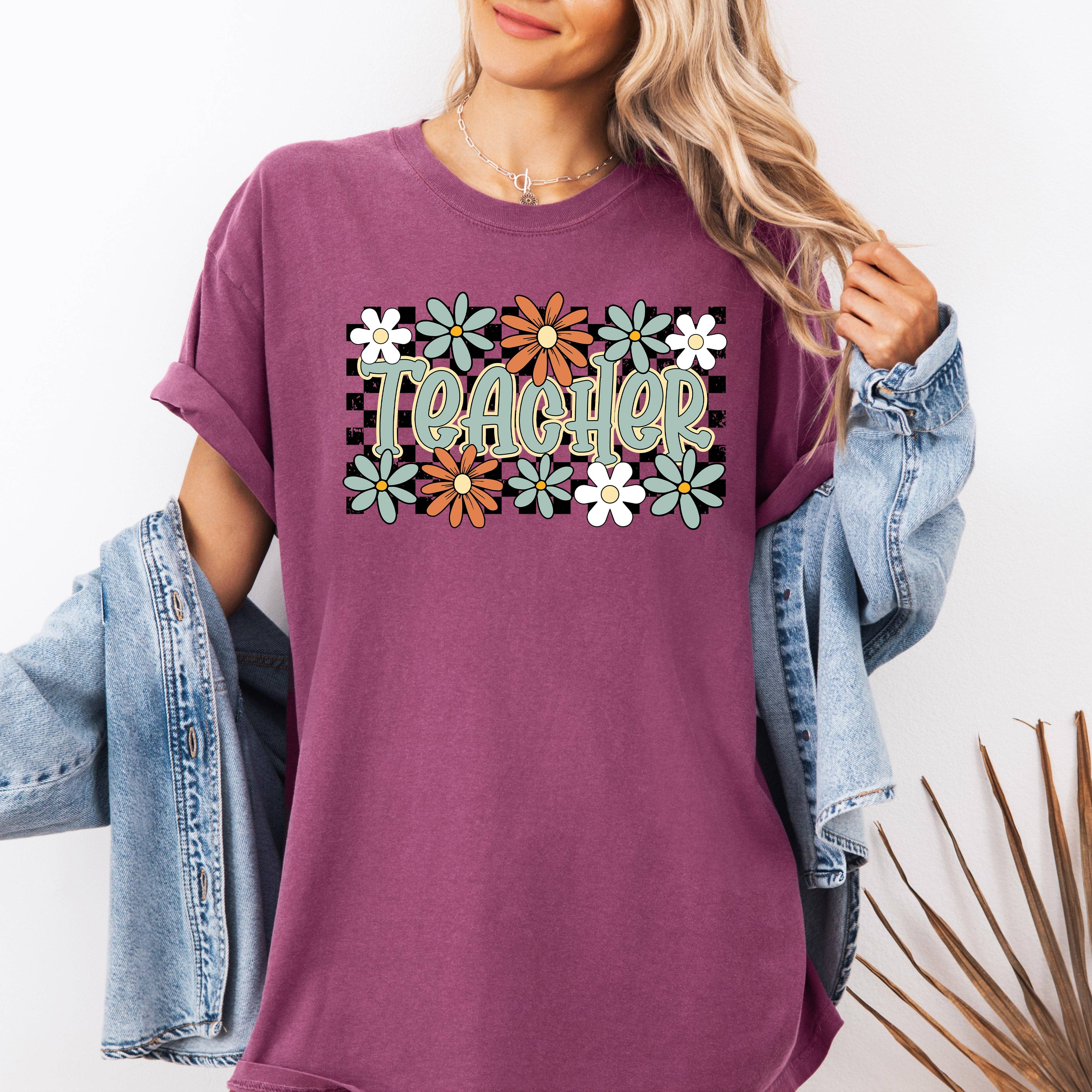 Teacher, Checkered, Floral Boho First Day of School T-Shirt Hoodie, Sweatshirt | PodTeesHub.com