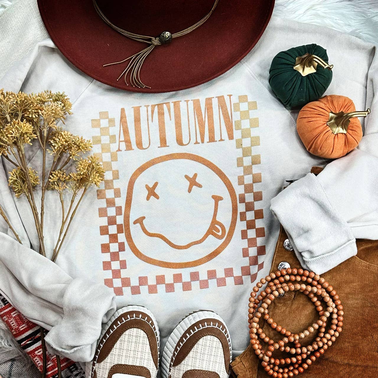 Checkered Autumn Crewneck Sweatshirt T-Shirts, Hoodie | PodTeesHub.com