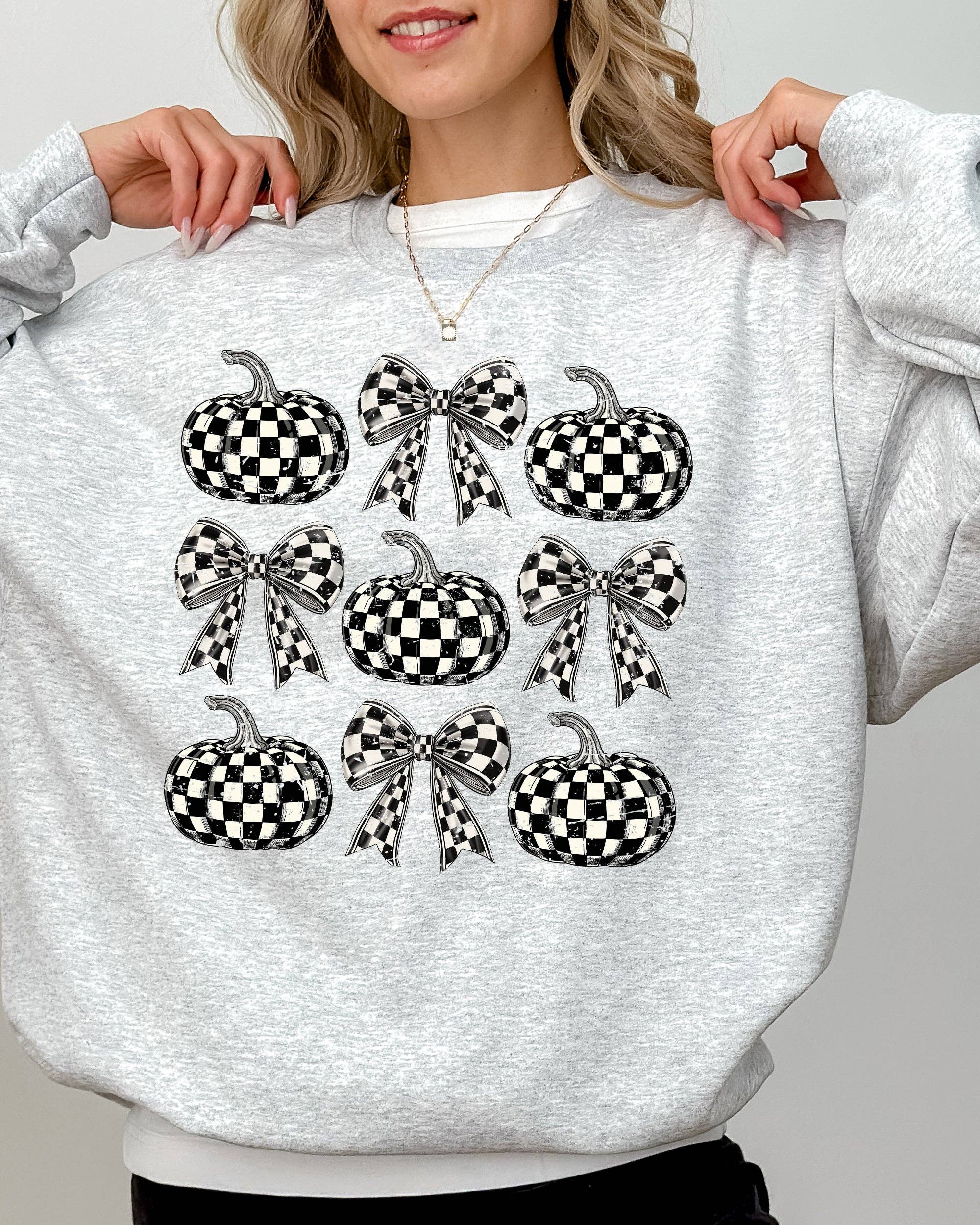 Checkered Retro Pumpkins, Coquette Ribbons Fall Sweatshirt T-Shirts, Hoodie | PodTeesHub.com