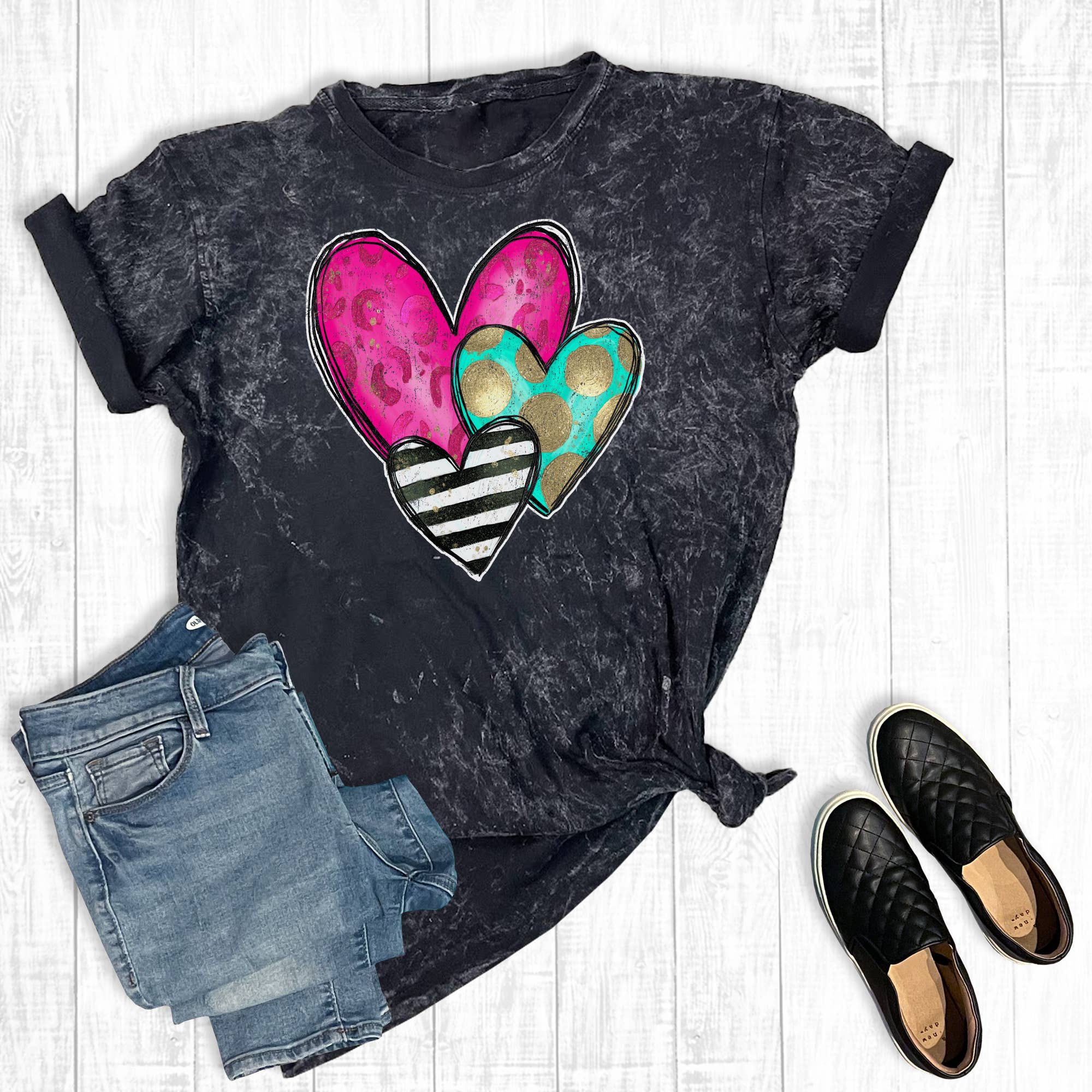 Valentine's Day Turquoise Stripe Heart Mineral Wash Tee Hoodie, Sweatshirt | PodTeesHub.com