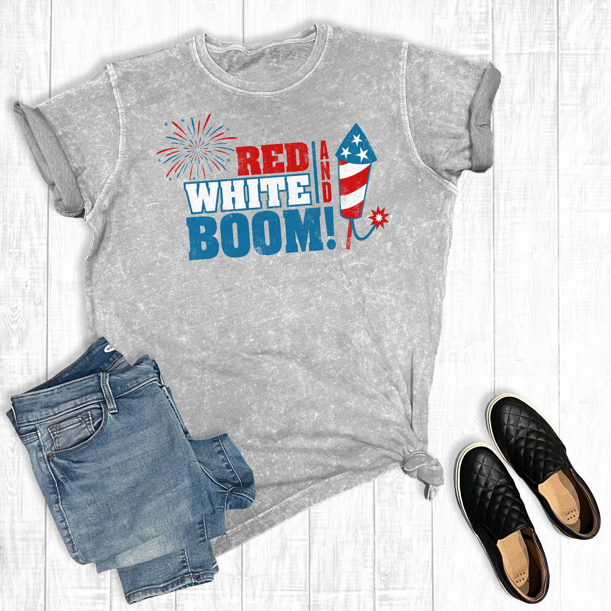 July 4th Red White and Boom Mineral Wash Graphic Tee Hoodie, Sweatshirt | PodTeesHub.com