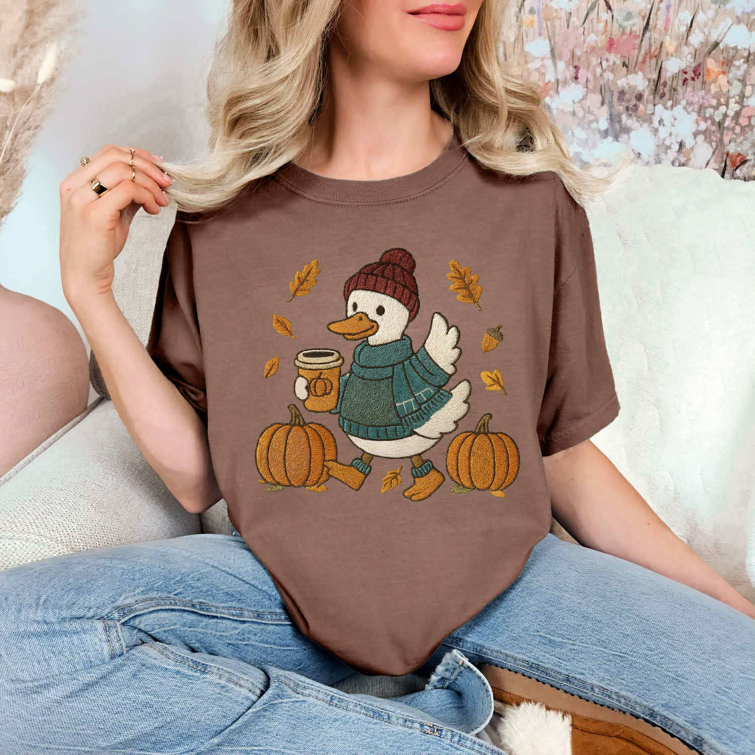 Faux Embroidery Fall Goose Tee Hoodie, Sweatshirt | PodTeesHub.com