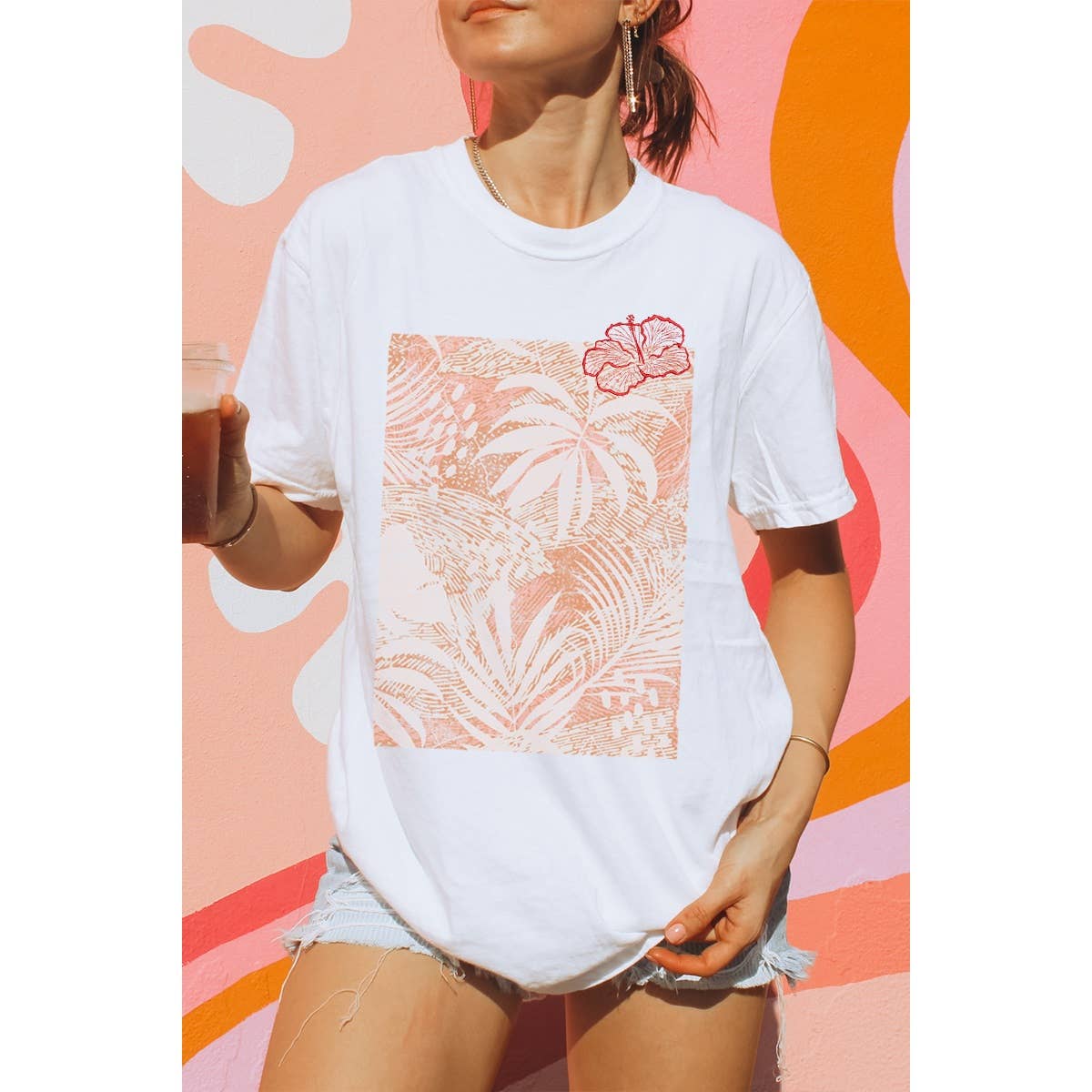Hibiscus Embroidery Vintage Graphic Oversized Tee Hoodie, Sweatshirt | PodTeesHub.com