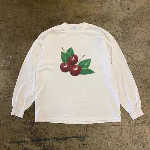 Other White Casual Retro Cherry Print Long Sleeve Tee Hoodie, Sweatshirt | PodTeesHub.com