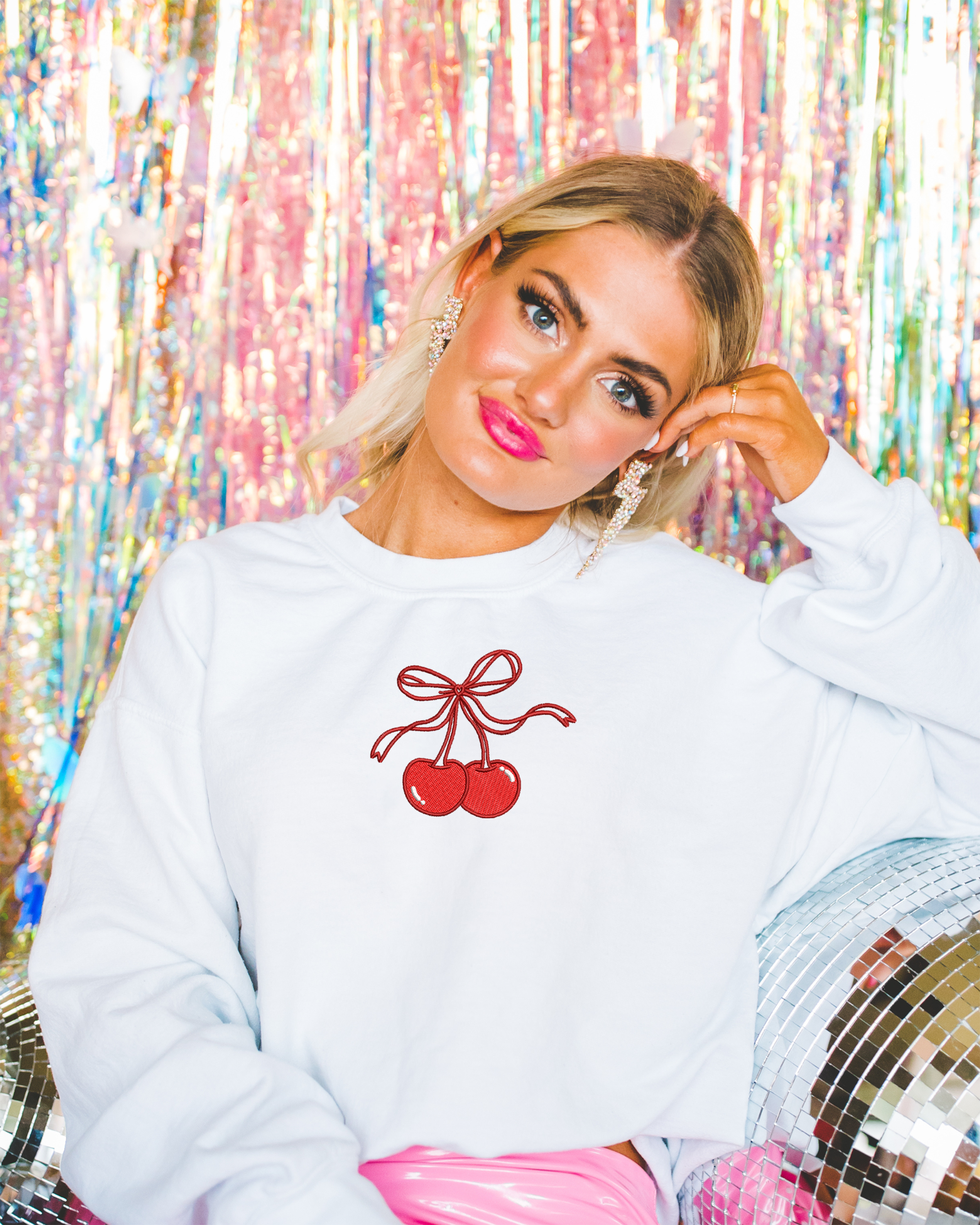 Cherry Bow Embroidered Sweatshirt, Embroidered, Trendy T-Shirts, Hoodie | PodTeesHub.com