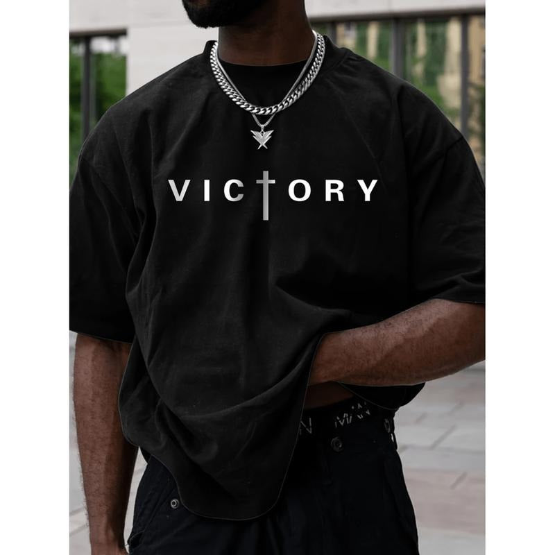 1pc Mens Casual Cotton T Shirt With Victory Print Crew Neck Stretch Knit Fabric Regular Fit Tee For Adults Plus Size...