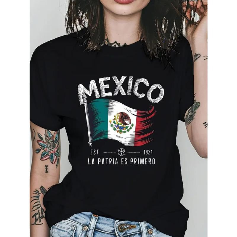 1pc Mexico Flag Print Women'S Short Sleeve T-Shirt - "Mexico Est 1821" Patriotic Design, Casual Crew Neck, All-Season...
