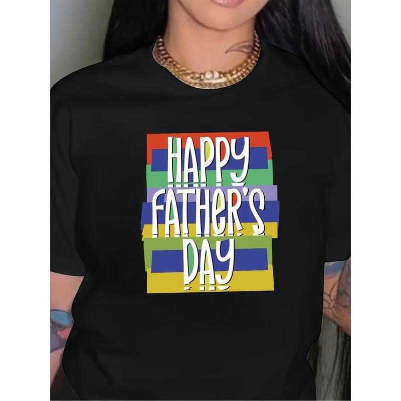 1pc Plus Size Women's Happy Father's Day T-Shirt, Casual Round Neck Polyester Blend Tee with Bold Lettering & Colorful...