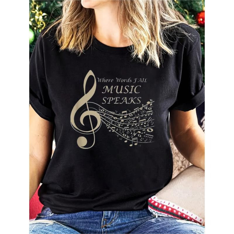 1pc Women'S Casual round Neck T-shirt Printed with Music Pattern of "When Words Cannot Be Expressed, Music...