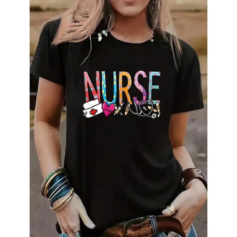 1pc, nurse love letter printed T-shirt, spring and summer casual round neck short sleeved top, fashionable top