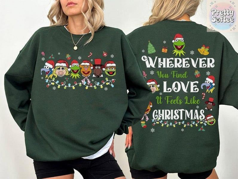 2-sided Vintage The Muppets Christmas Lights Wherever You Find Love It Feels Like Christmas Shirt, Muppets Christmas...