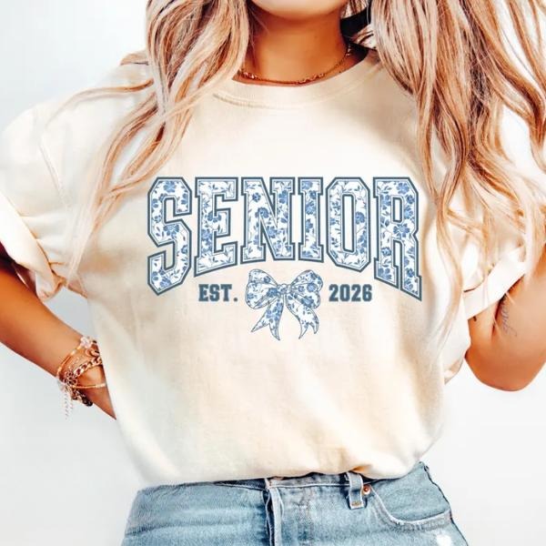 2026 Senior Shirt, Floral Senior Blue Bow 2026 Senior Coquette T-Shirt Toile De Jouy, Back to School Shirt Hoodie, Sweatshirt