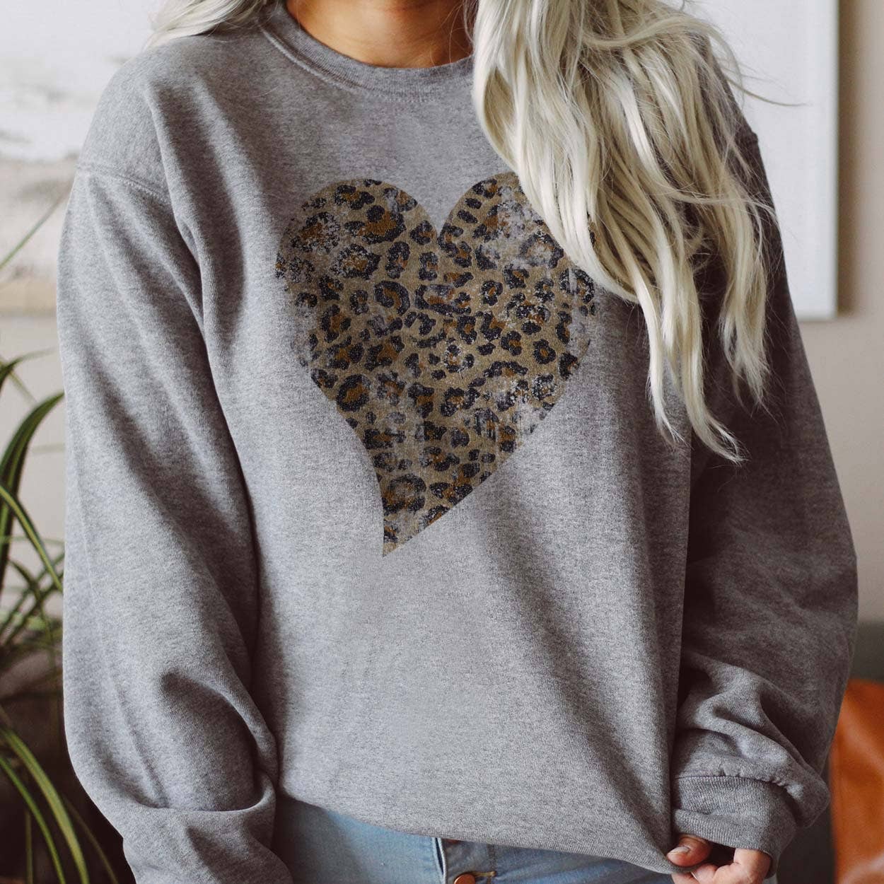 Leopard Heart Distressed Sweatshirt - Heather Gray T-Shirts, Hoodie | PodTeesHub.com