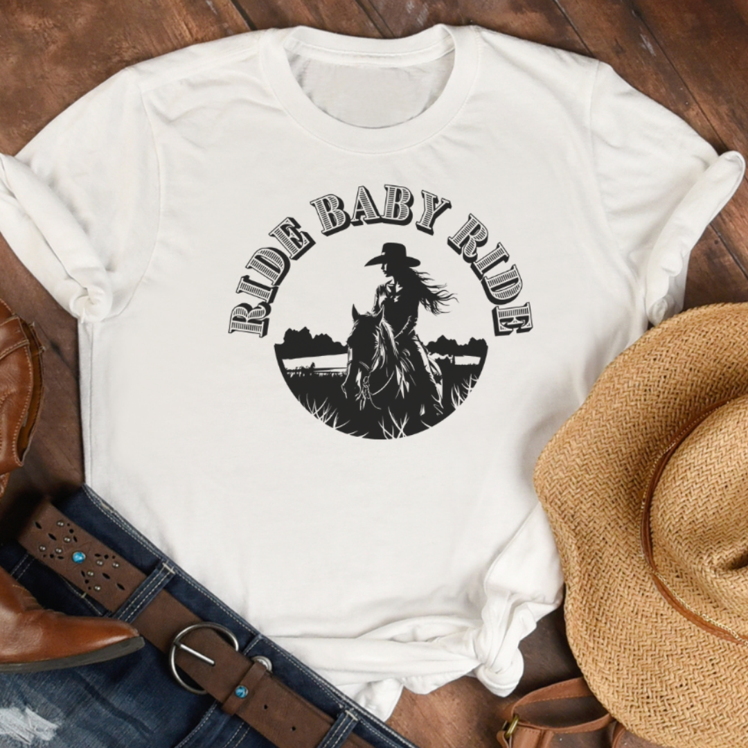 Ride Baby Ride Western Cowgirl Rodeo Graphic Tee Hoodie, Sweatshirt | PodTeesHub.com