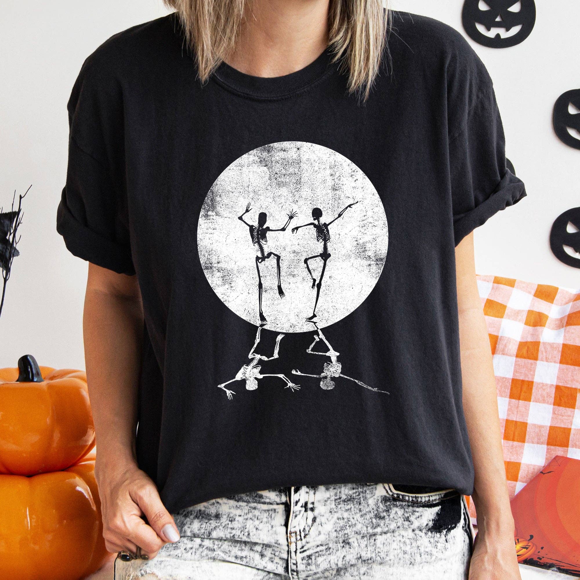 Skeletons Dancing Moonlight Halloween T-Shirt White Print Hoodie, Sweatshirt | PodTeesHub.com