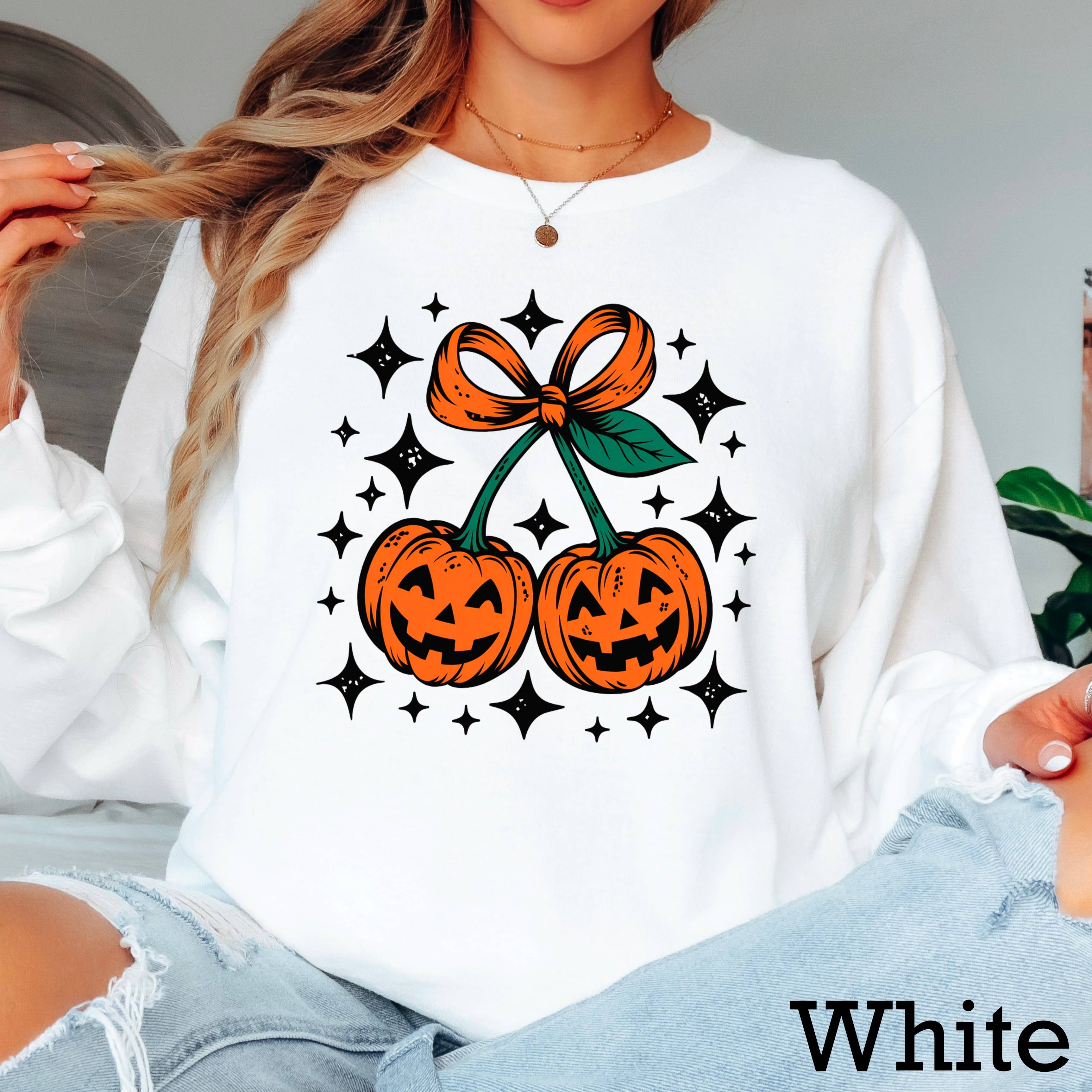 Halloween 2025 Pumpkins Bow Long Sleeve Shirt | Gildan Hoodie, Sweatshirt | PodTeesHub.com