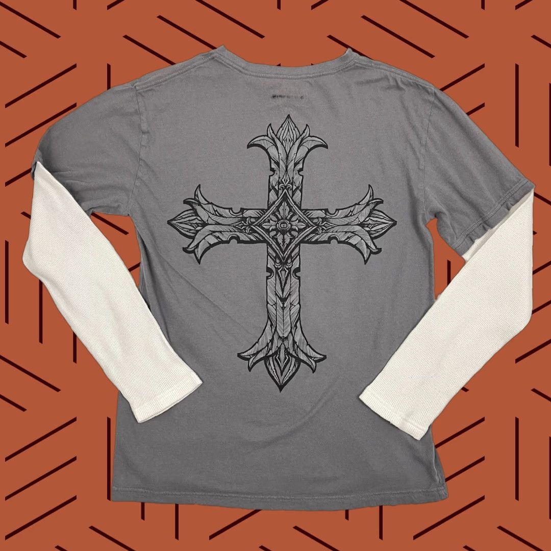 Vintage Mma Elite Shirt Mens M Gray Double Layer Thermal Skater Grunge Punk Wings Cross Shirt Hoodie, Sweatshirt