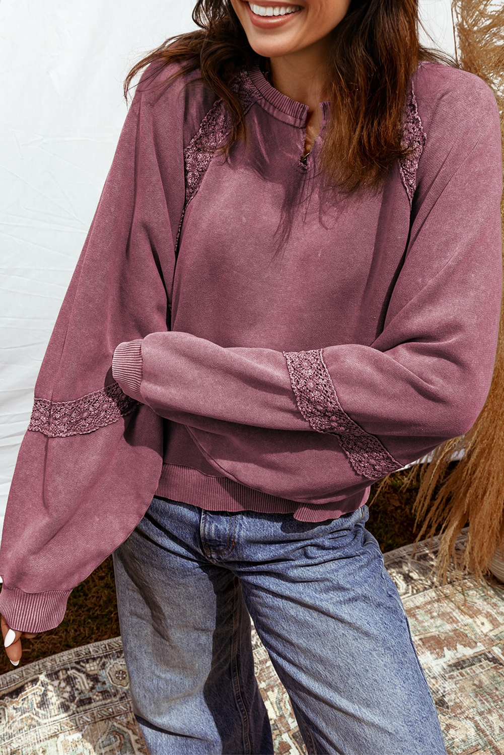 Solid Dahlia Lace Patchwork Mineral Wash Baggy Sweatshirt T-Shirts, Hoodie | PodTeesHub.com