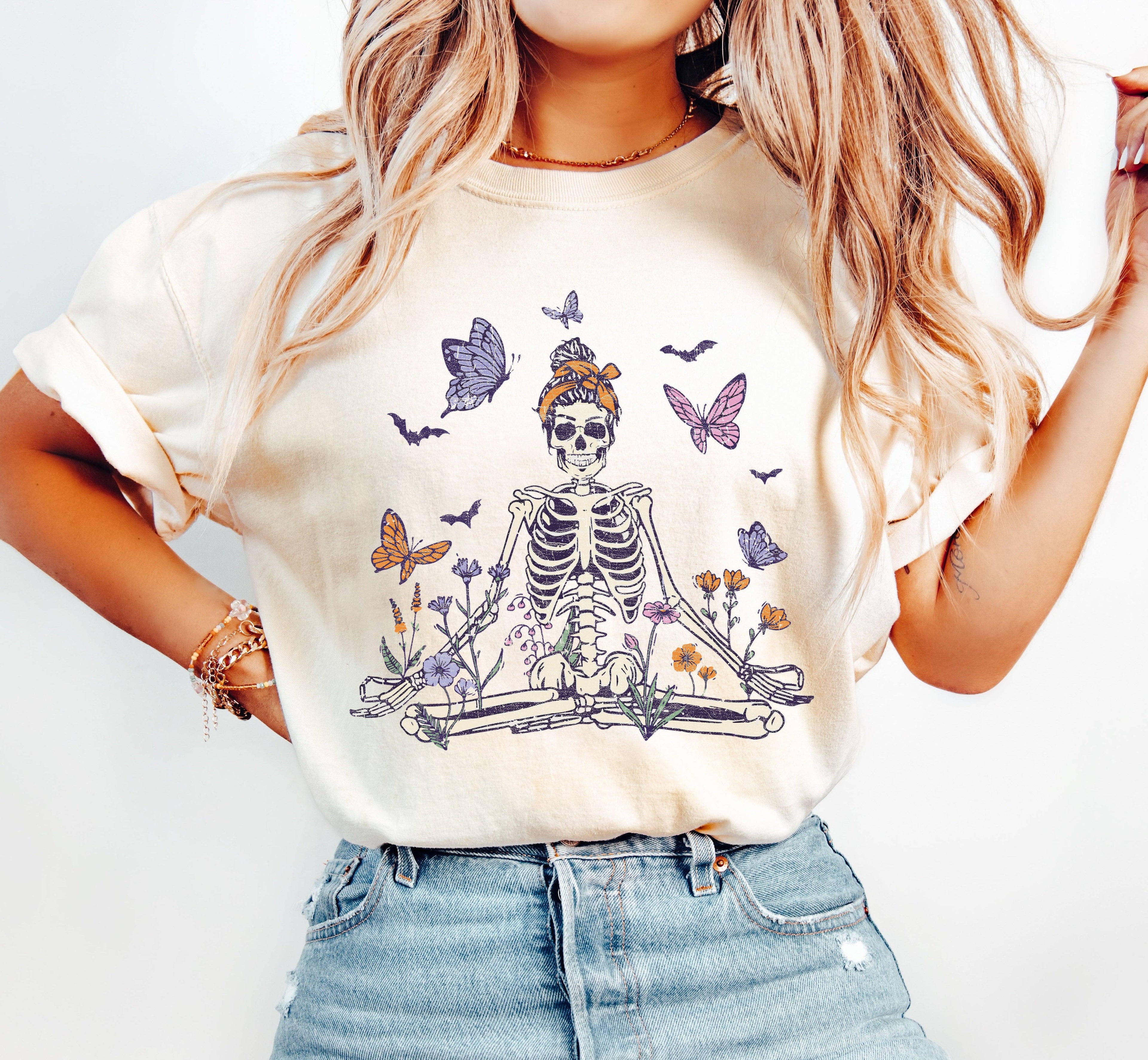 Meditating Skeleton, Mom, Retro, Aesthetic, Vintage, Comfort Colors Tshirt Hoodie, Sweatshirt | PodTeesHub.com