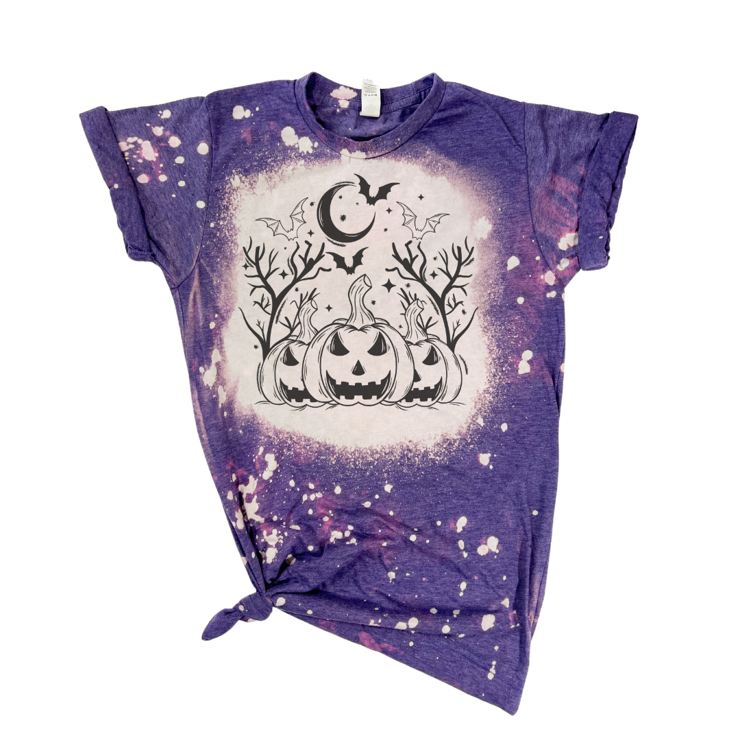 Halloween Scene Pumpkins + Bats Bleached Tee Hoodie, Sweatshirt | PodTeesHub.com