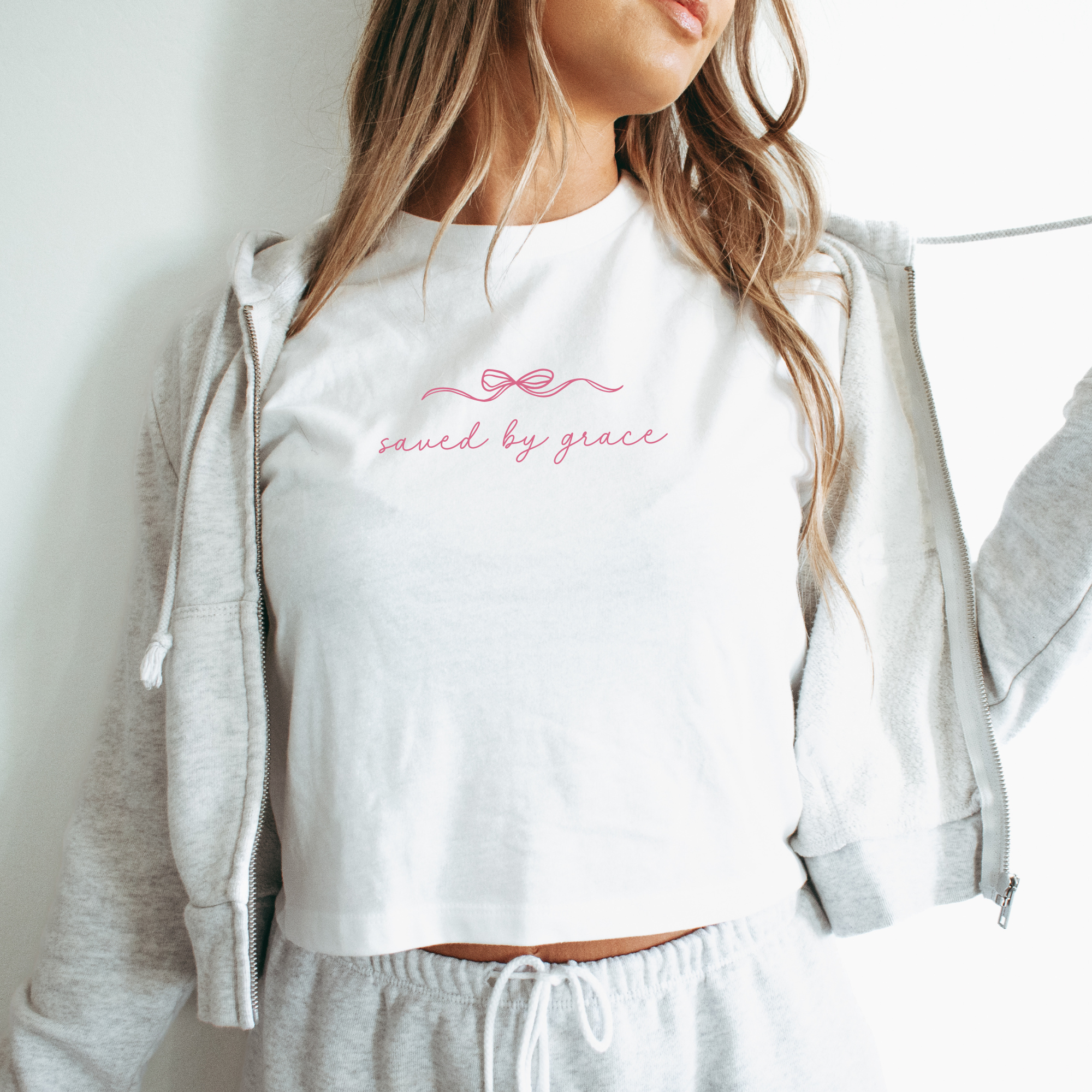 By Grace Bow Christian Boxy Crop Tee Faith Based Hoodie, Sweatshirt | PodTeesHub.com