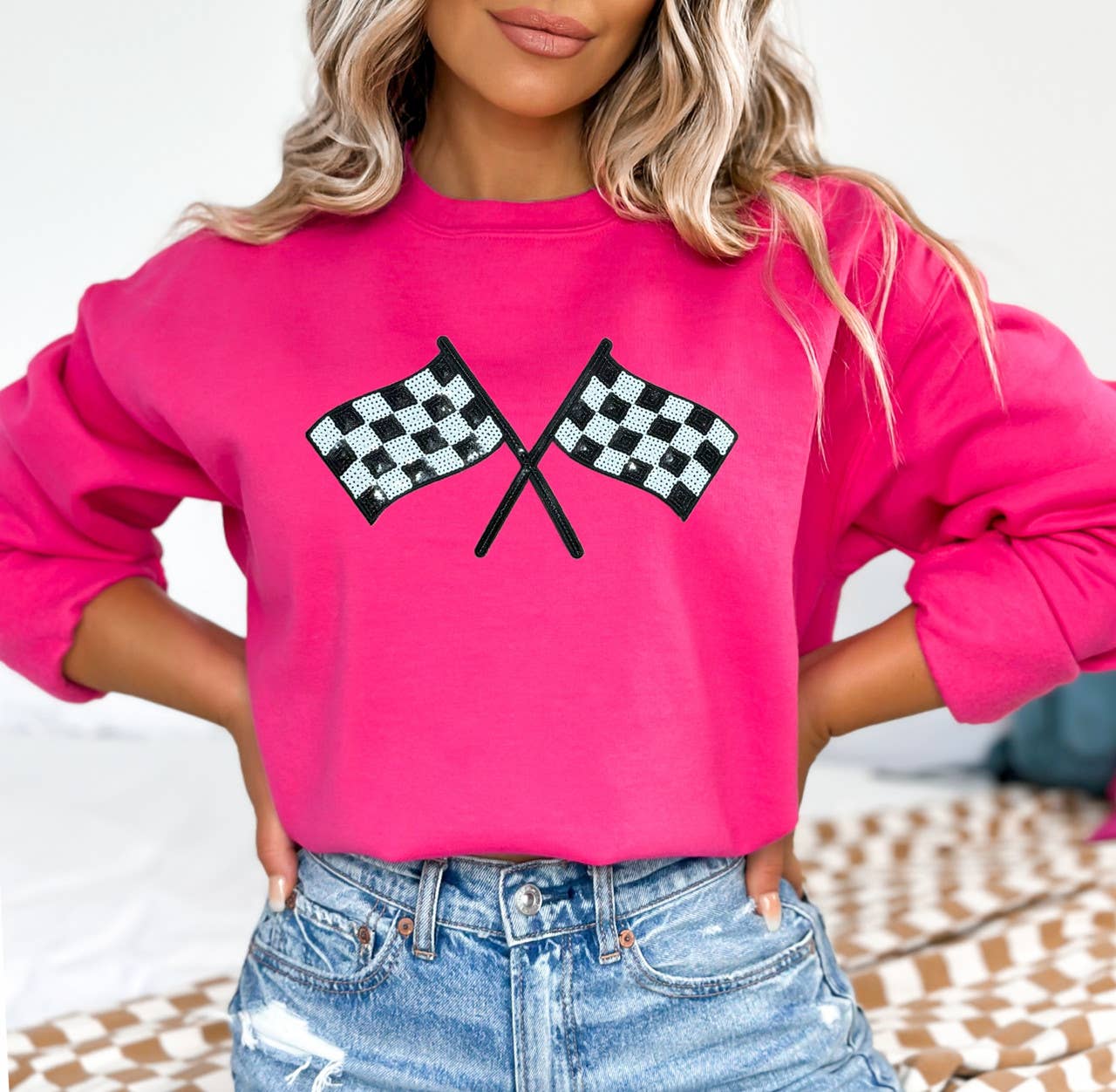 Checkered Flags Sequin Patch Heliconia Crewneck Sweatshirt T-Shirts, Hoodie | PodTeesHub.com