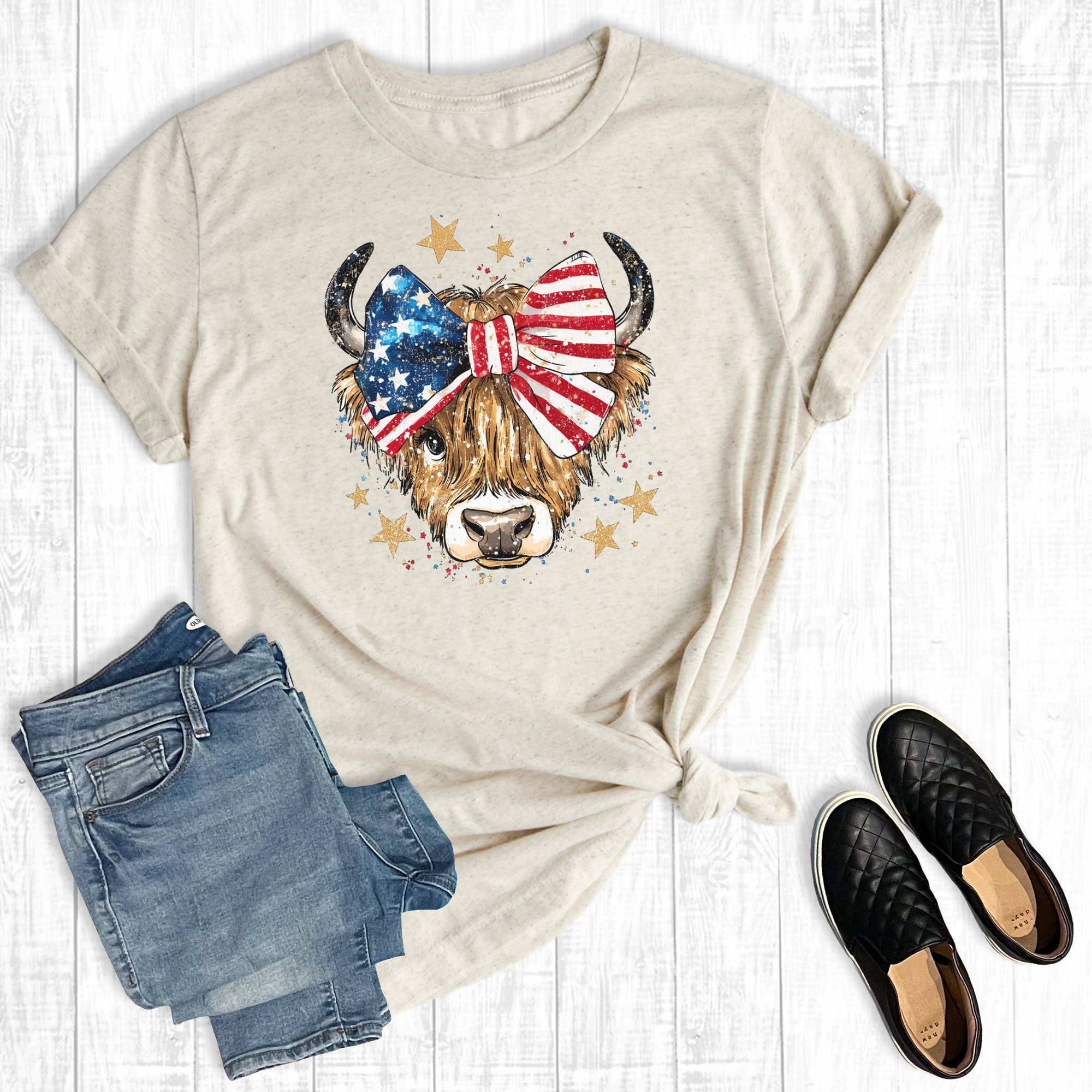 Western 4th of July Coquette Highland Cow Graphic Tee Hoodie, Sweatshirt | PodTeesHub.com