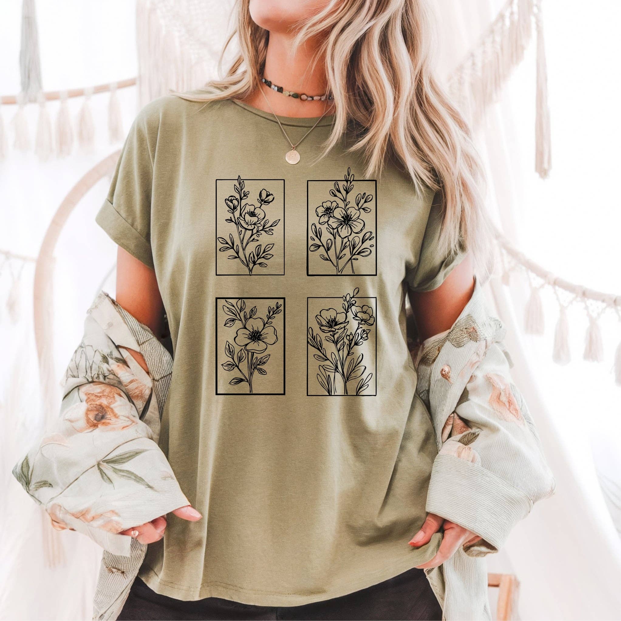 New Spring Wildflowers Collage Olive Bella Graphic Tee Hoodie, Sweatshirt | PodTeesHub.com