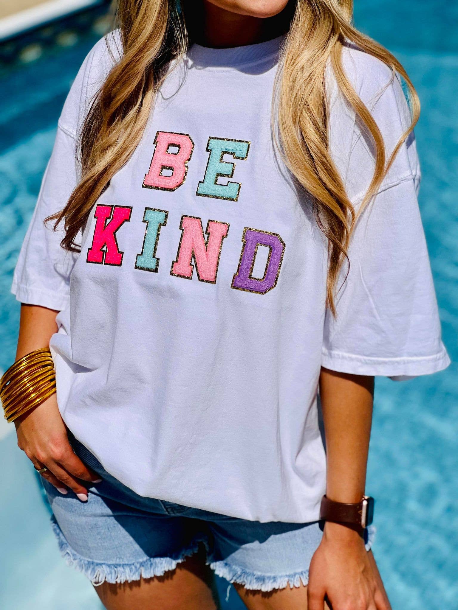 Be Kind Multi Colored Chenille Patch Tee Hoodie, Sweatshirt | PodTeesHub.com