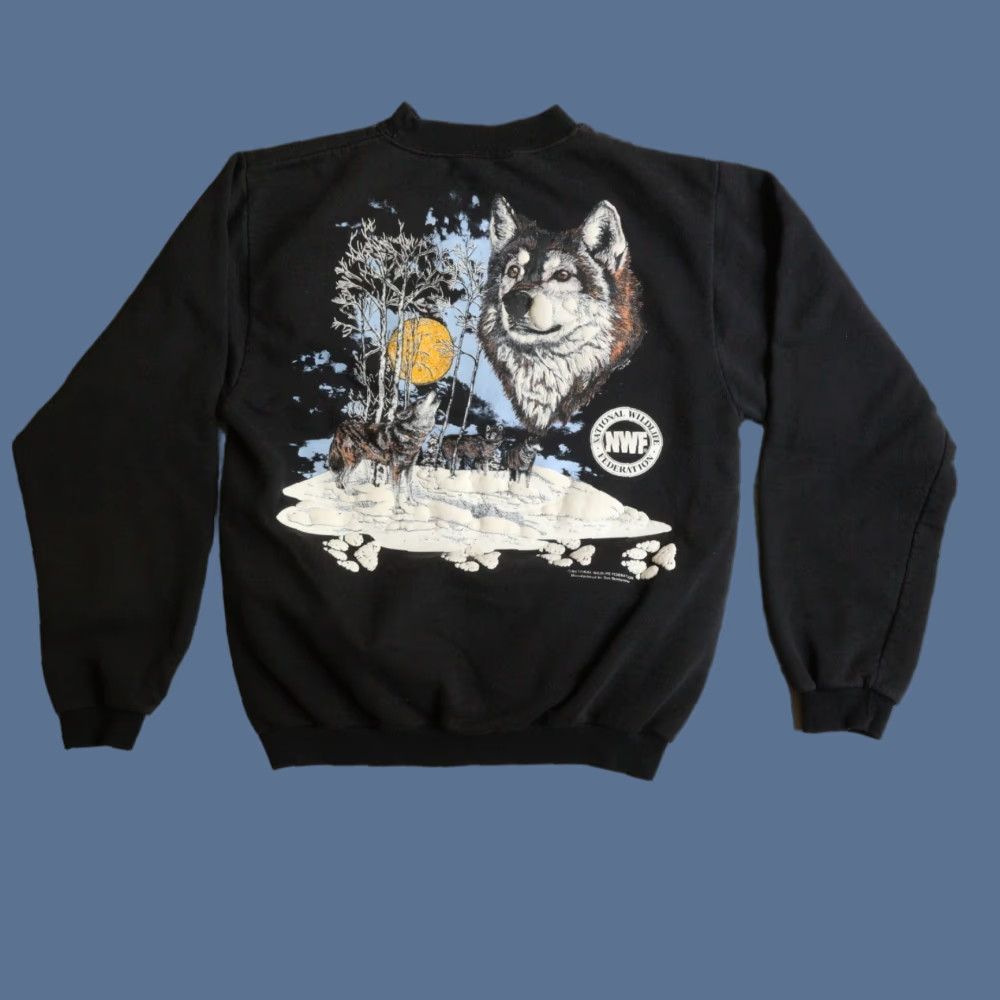 Vintage National Wildlife Federation Sweatshirt Crewneck S Black Wolf Moon Graphic Print Men T-Shirts, Hoodie