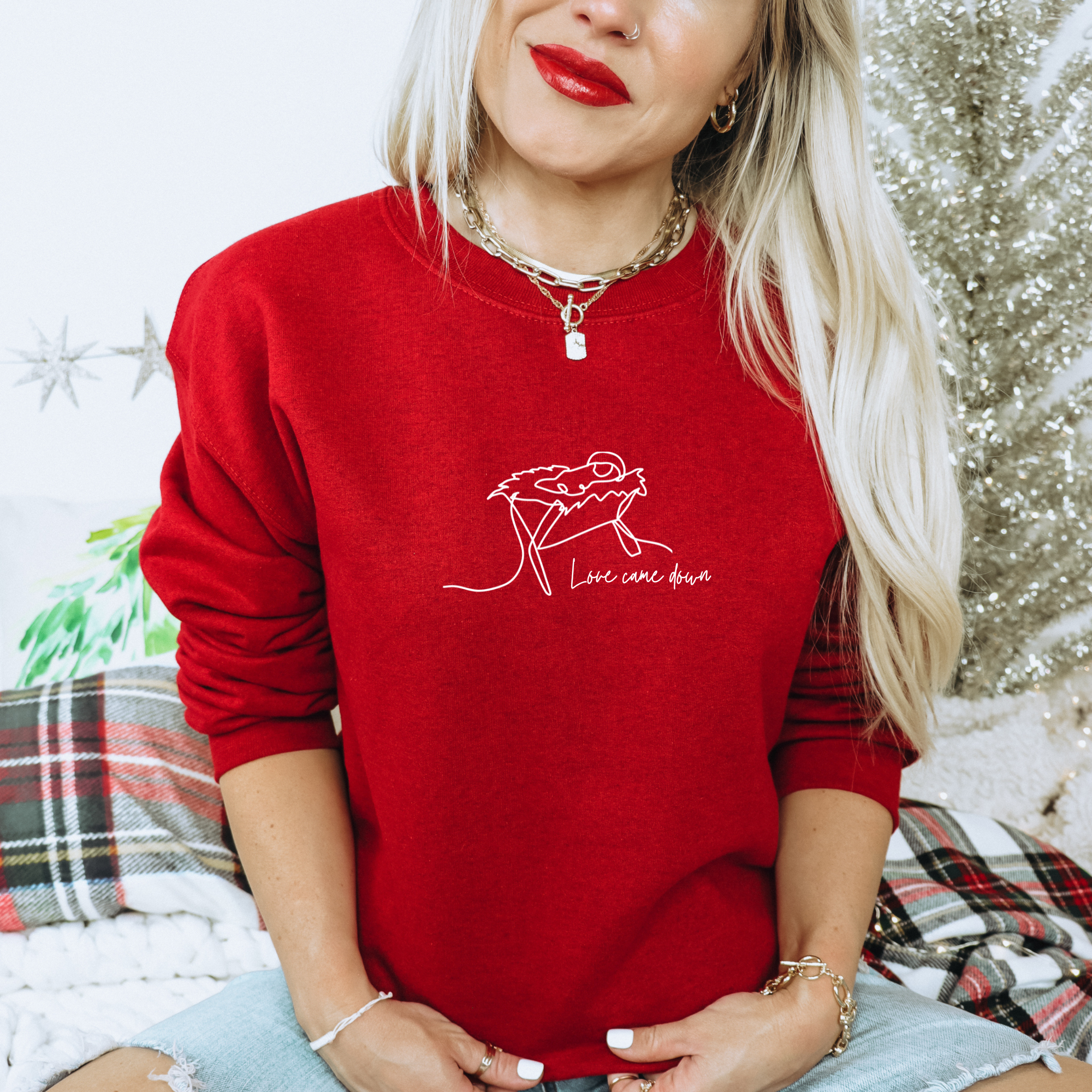 Love Came Down Christmas Manger Cozy Crewneck Sweatshirt T-Shirts, Hoodie | PodTeesHub.com