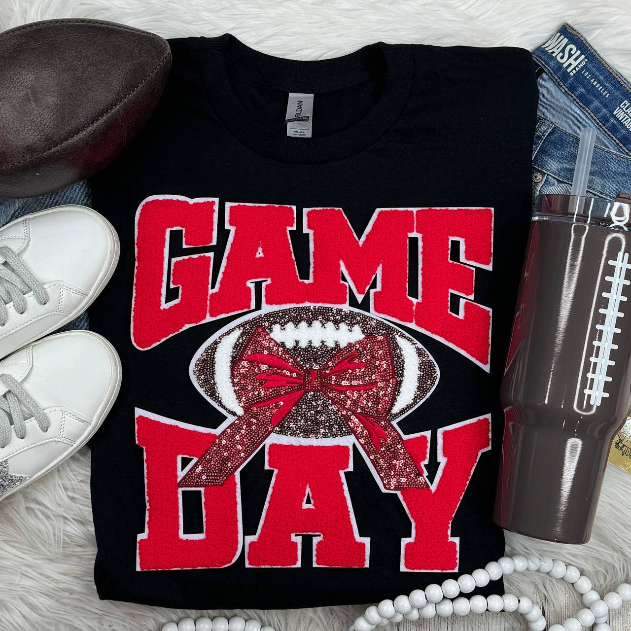 Red Chenille Football Game Day with Sequin Bow Patch Black Everyday Tee Hoodie, Sweatshirt | PodTeesHub.com