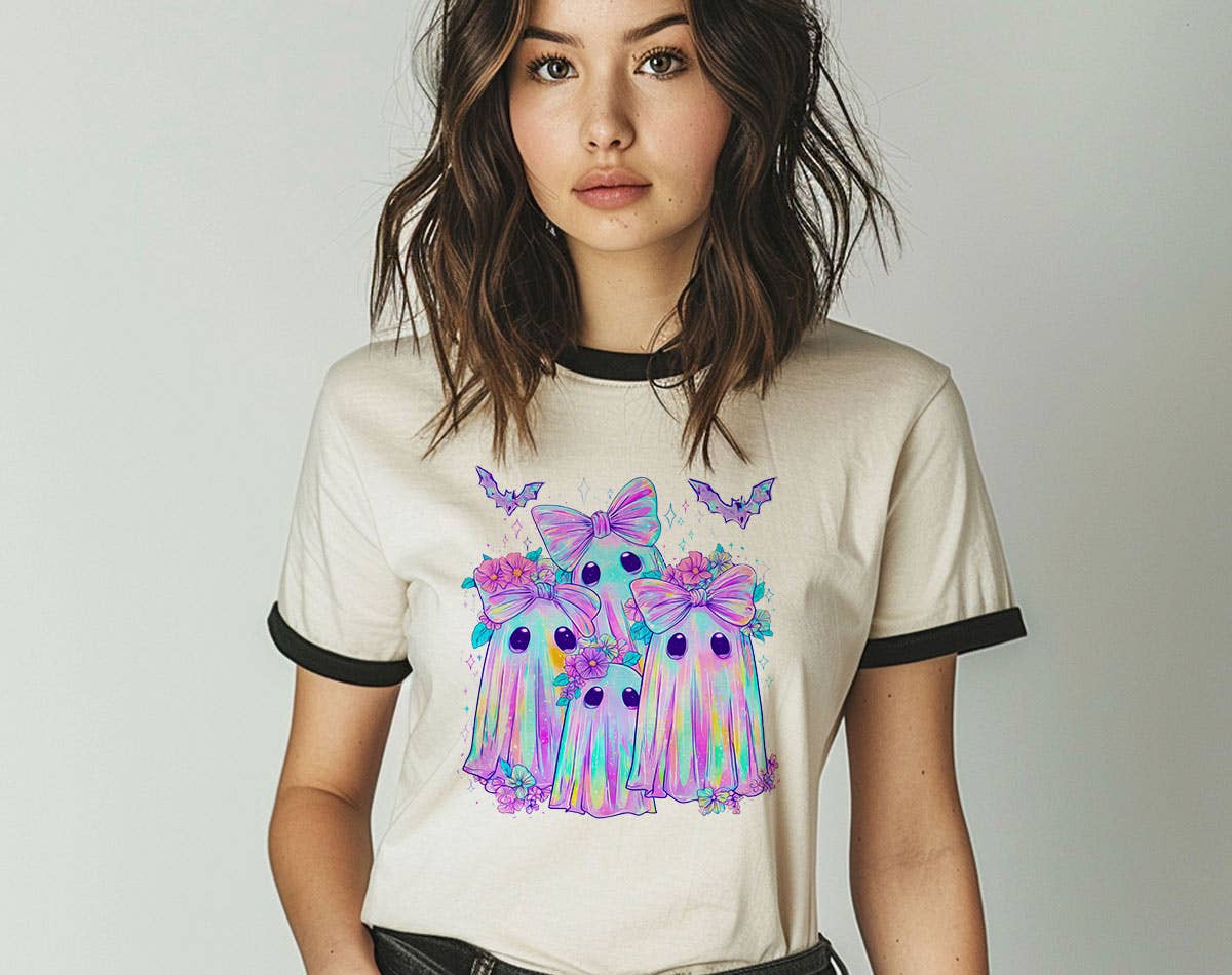 Iridescent Ghost Bow -  Cute Neon Halloween Ringer Shirt Hoodie, Sweatshirt | PodTeesHub.com