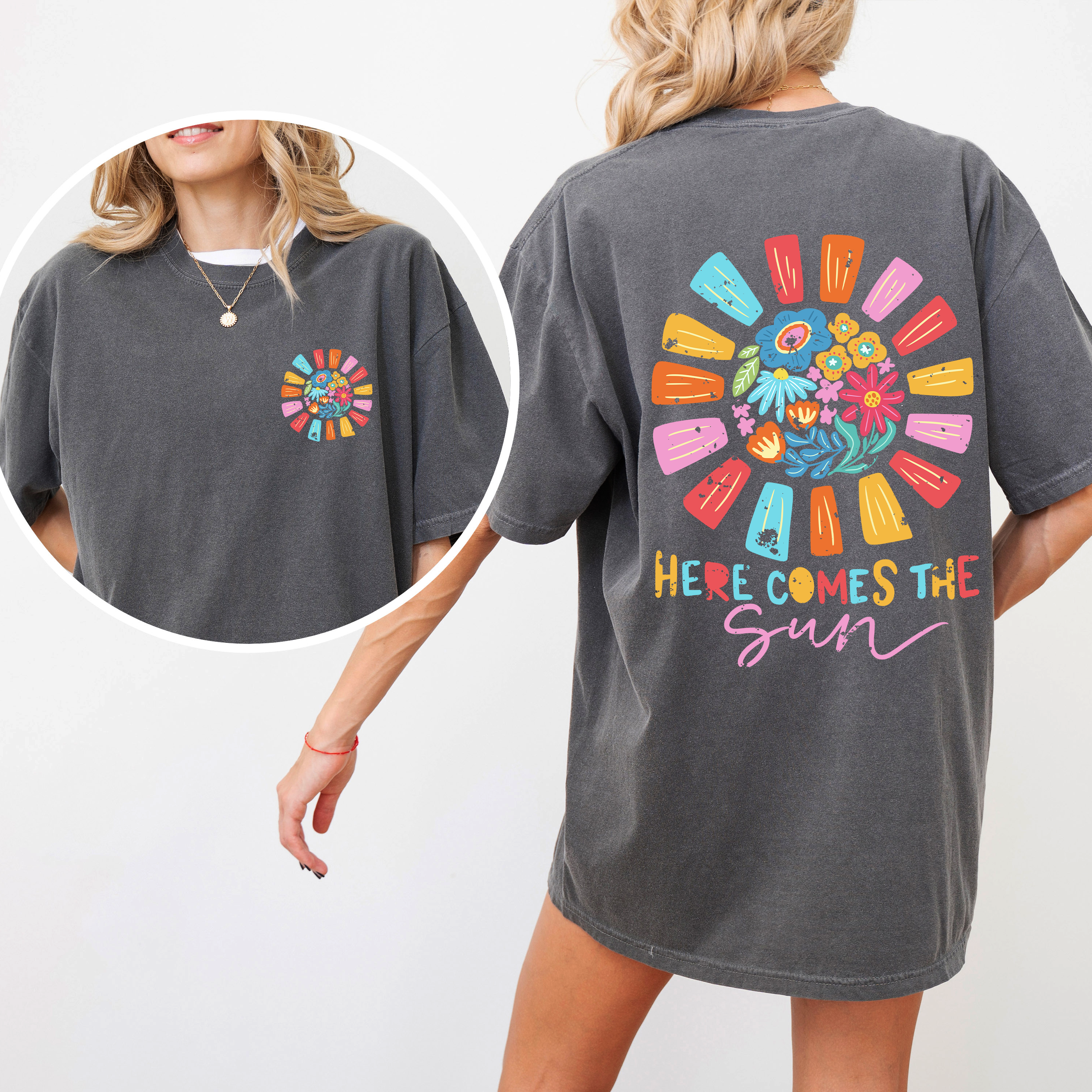 Here Comes the Sun, Flowers, Retro Comfort Colors T-Shirt Hoodie, Sweatshirt | PodTeesHub.com