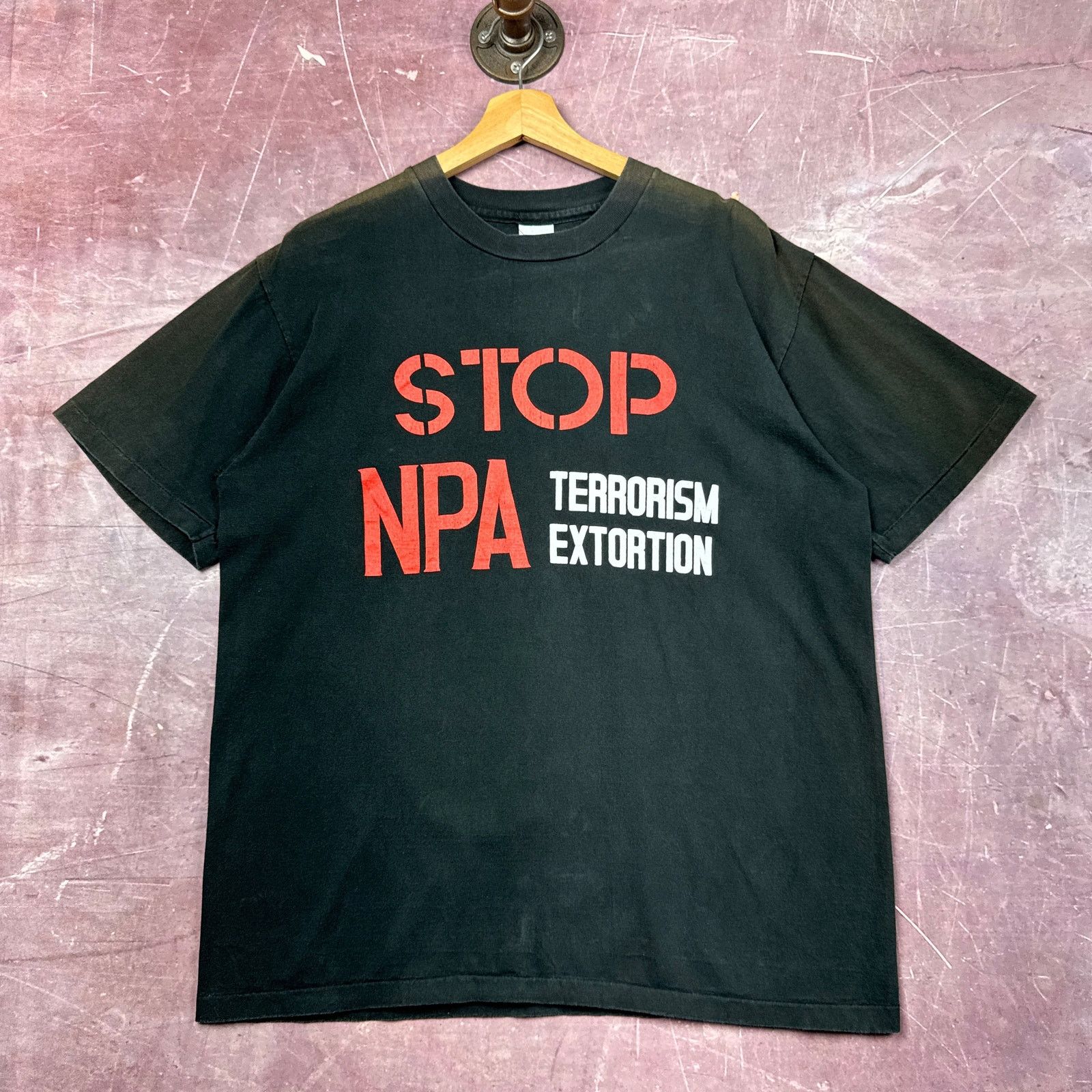 Vintage 90s Black Stop Npa Terrorism Sun Fade Graphic Tee Large 3805 Hoodie, Sweatshirt | PodTeesHub.com