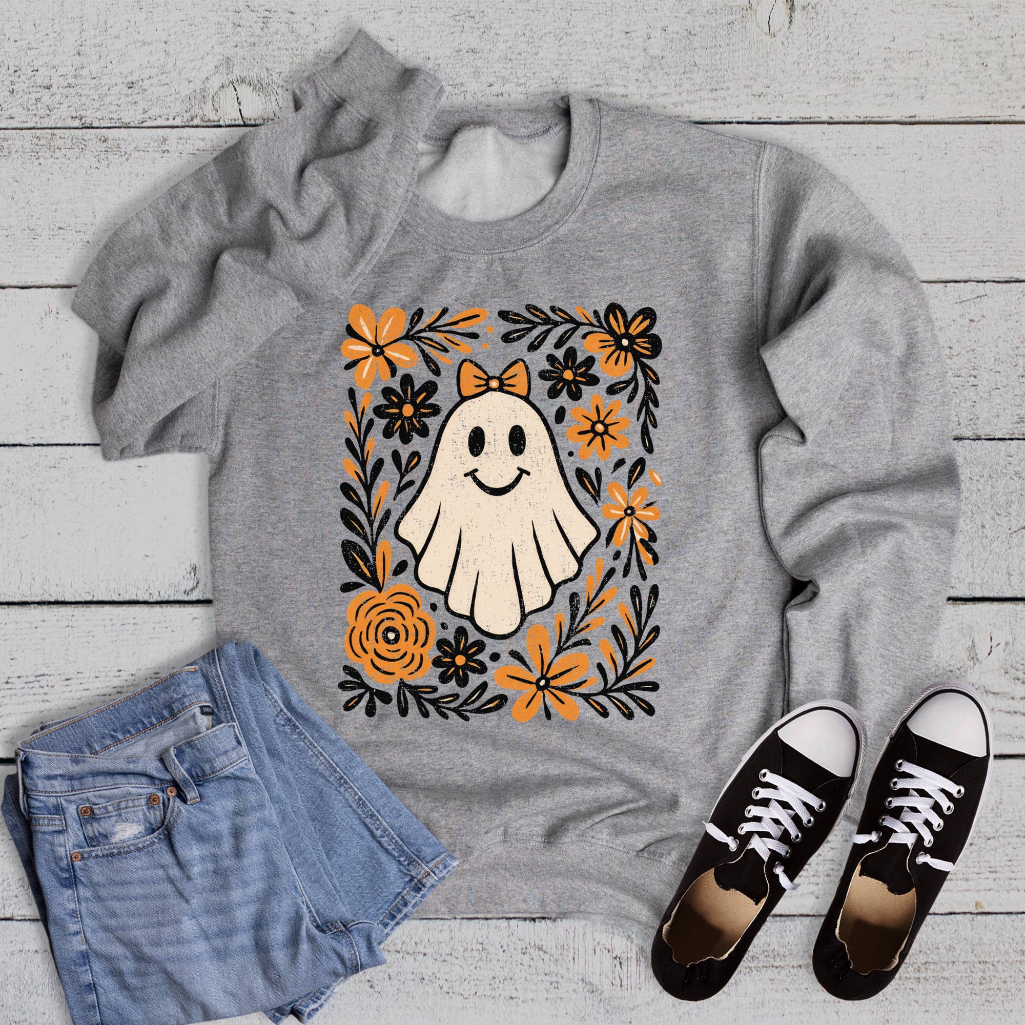 Fall Halloween Floral Ghost Graphic Sweatshirt T-Shirts, Hoodie | PodTeesHub.com