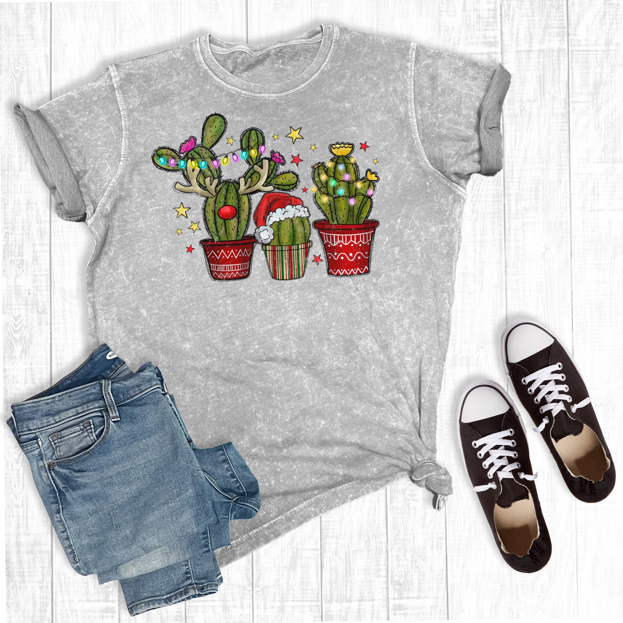 Western Christmas Cactus Mineral Wash Graphic Tee Hoodie, Sweatshirt | PodTeesHub.com