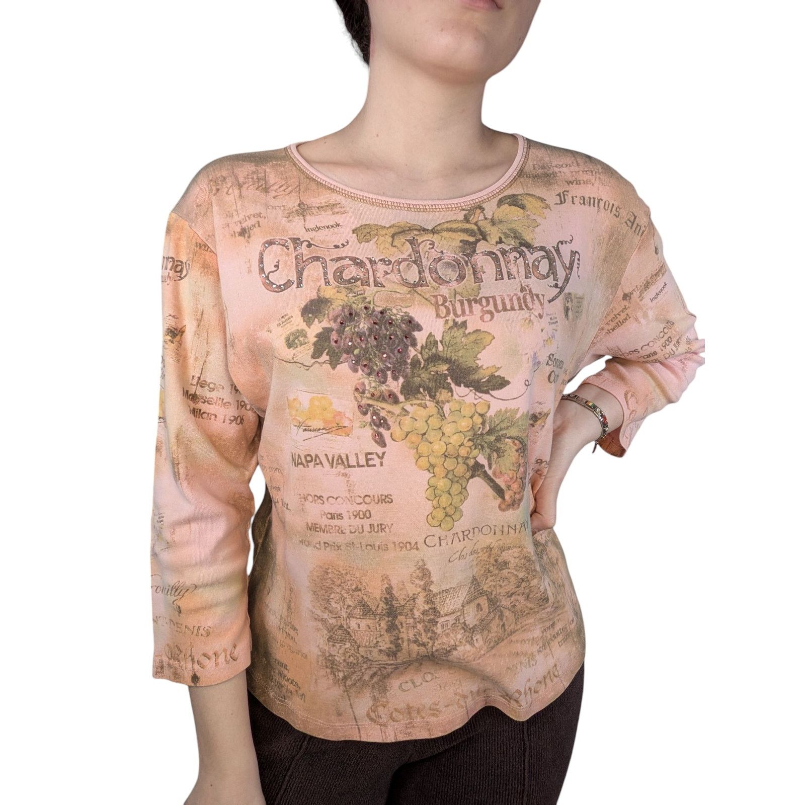 Y2k Vintage Chardonnay Grape Print 3 4 Sleeve Bling Tee Hoodie, Sweatshirt | PodTeesHub.com