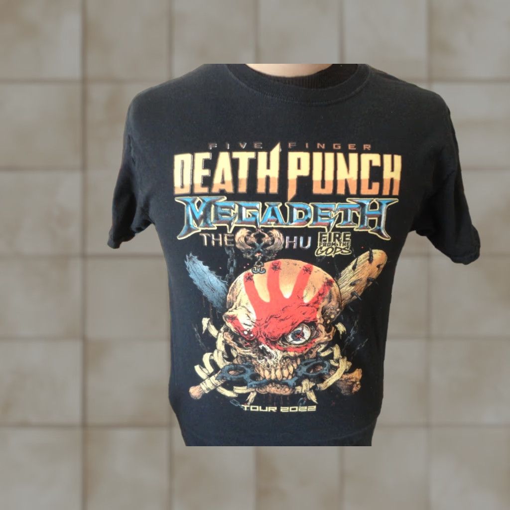 Vintage Five Finger Death Punch Megadeth 2022 Tour T Shirt M Black Unisex Adults Shirt 90s No Hoodie, Sweatshirt