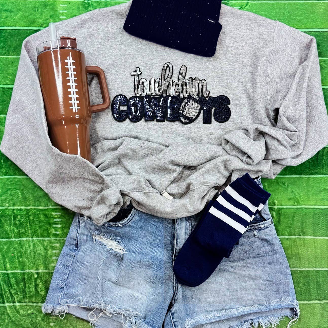 Touchdown Cowboys Sequin Patch Sport Grey Crewneck Sweatshirt T-Shirts, Hoodie | PodTeesHub.com