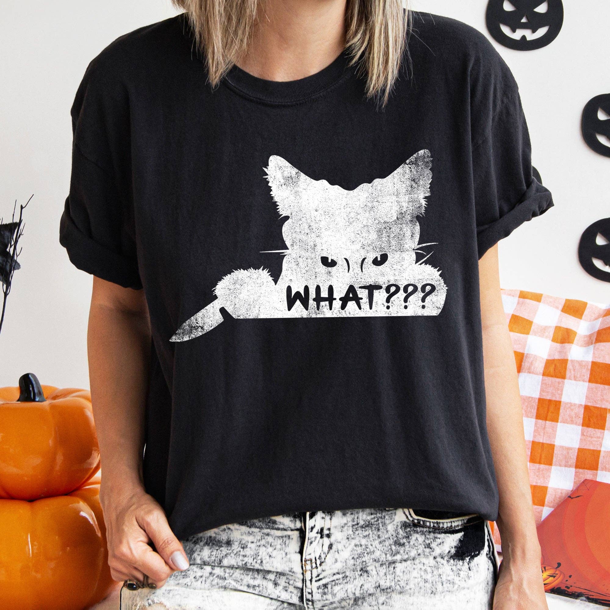 What? Cat and Knife Retro Halloween T-Shirt White Print Hoodie, Sweatshirt | PodTeesHub.com