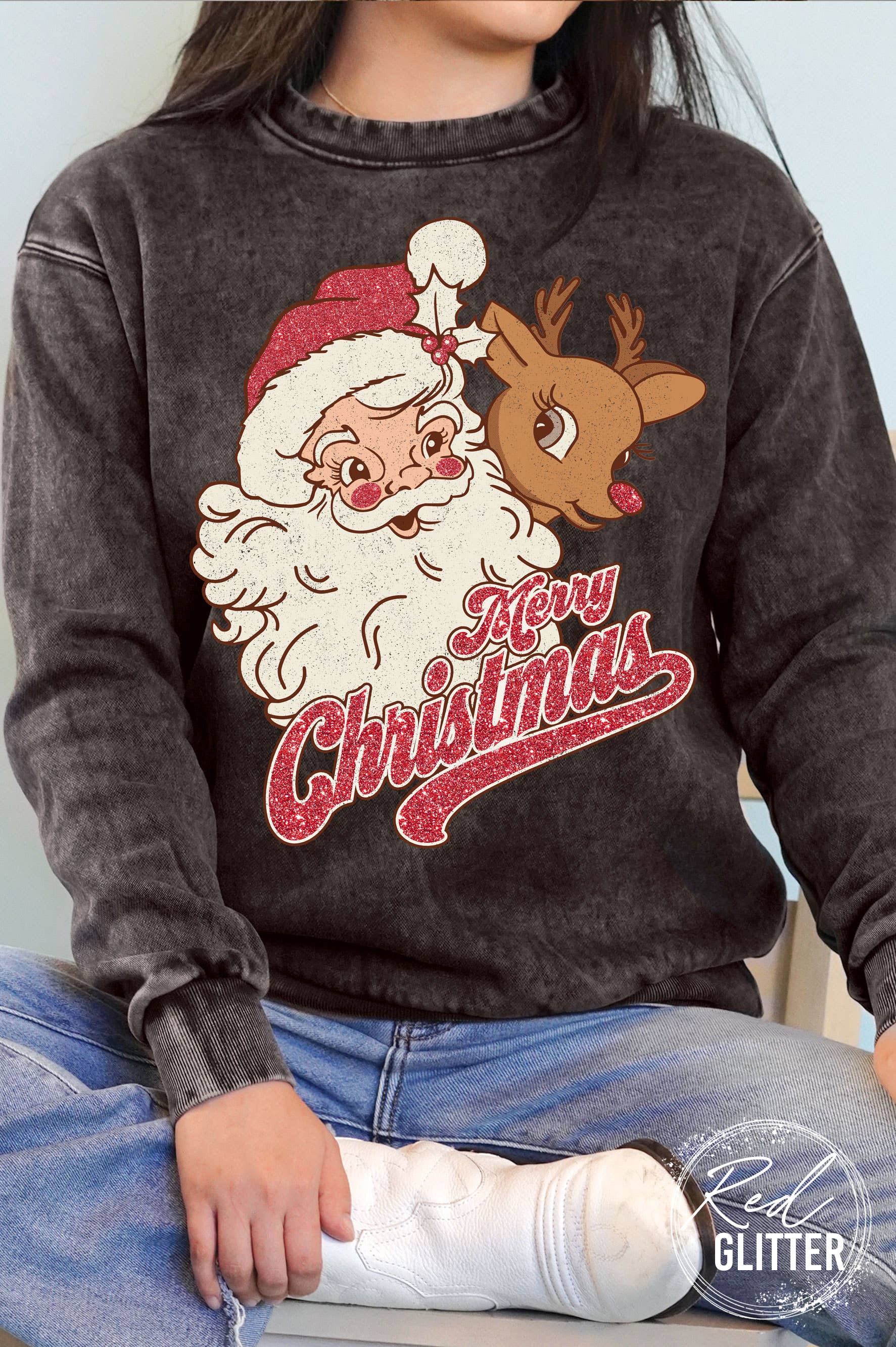 Merry Christmas Santa Rudolph Glitter Mineral Sweatshirt T-Shirts, Hoodie | PodTeesHub.com
