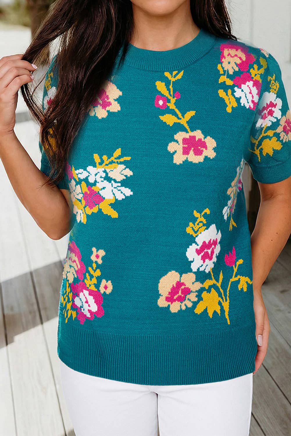 Floral Pattern Mock Neck Short Sleeve Knitted T Shirt (S-Xl) Hoodie, Sweatshirt | PodTeesHub.com