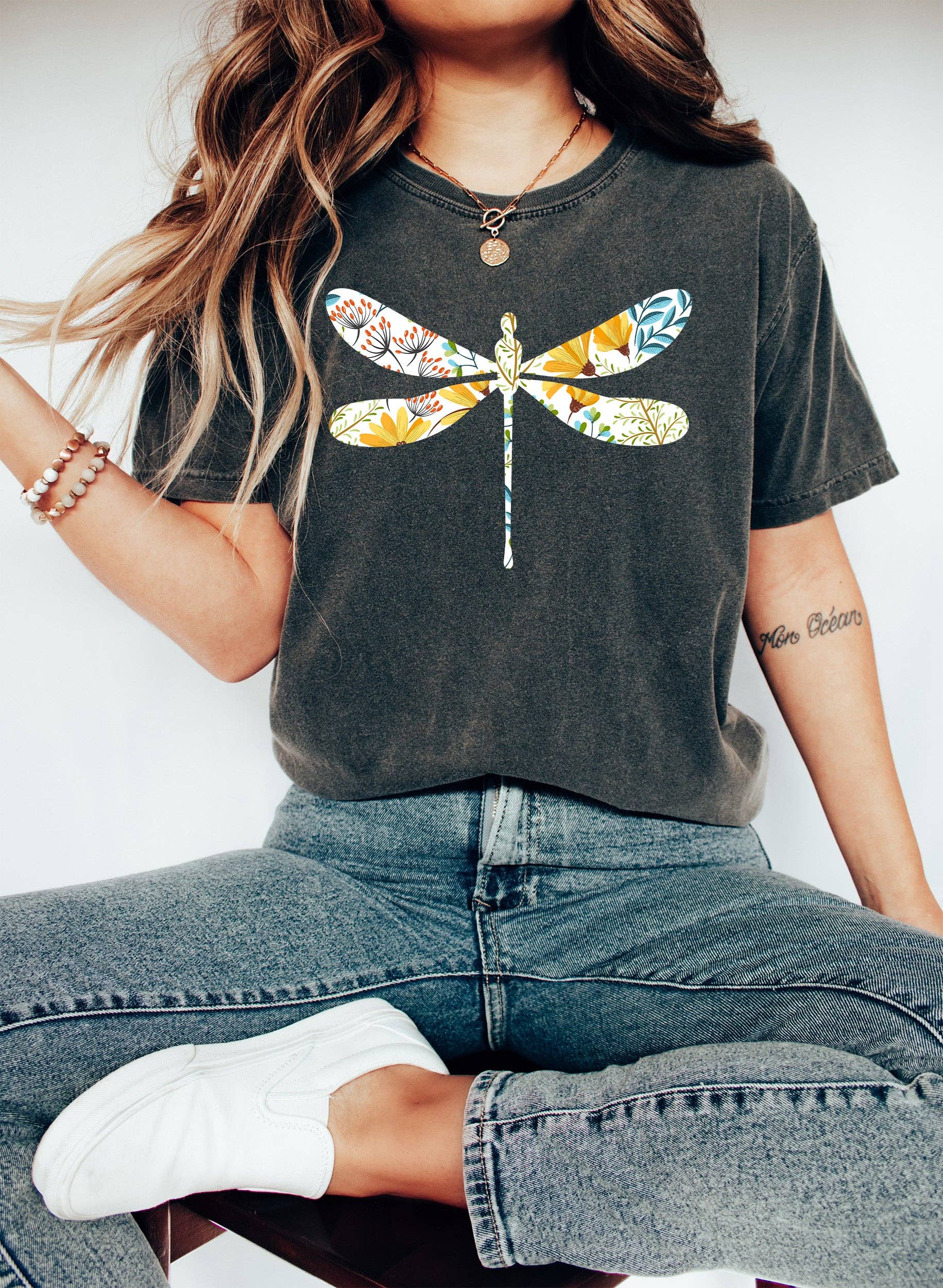 Floral White Dragonfly Botanical T-Shirt Hoodie, Sweatshirt | PodTeesHub.com
