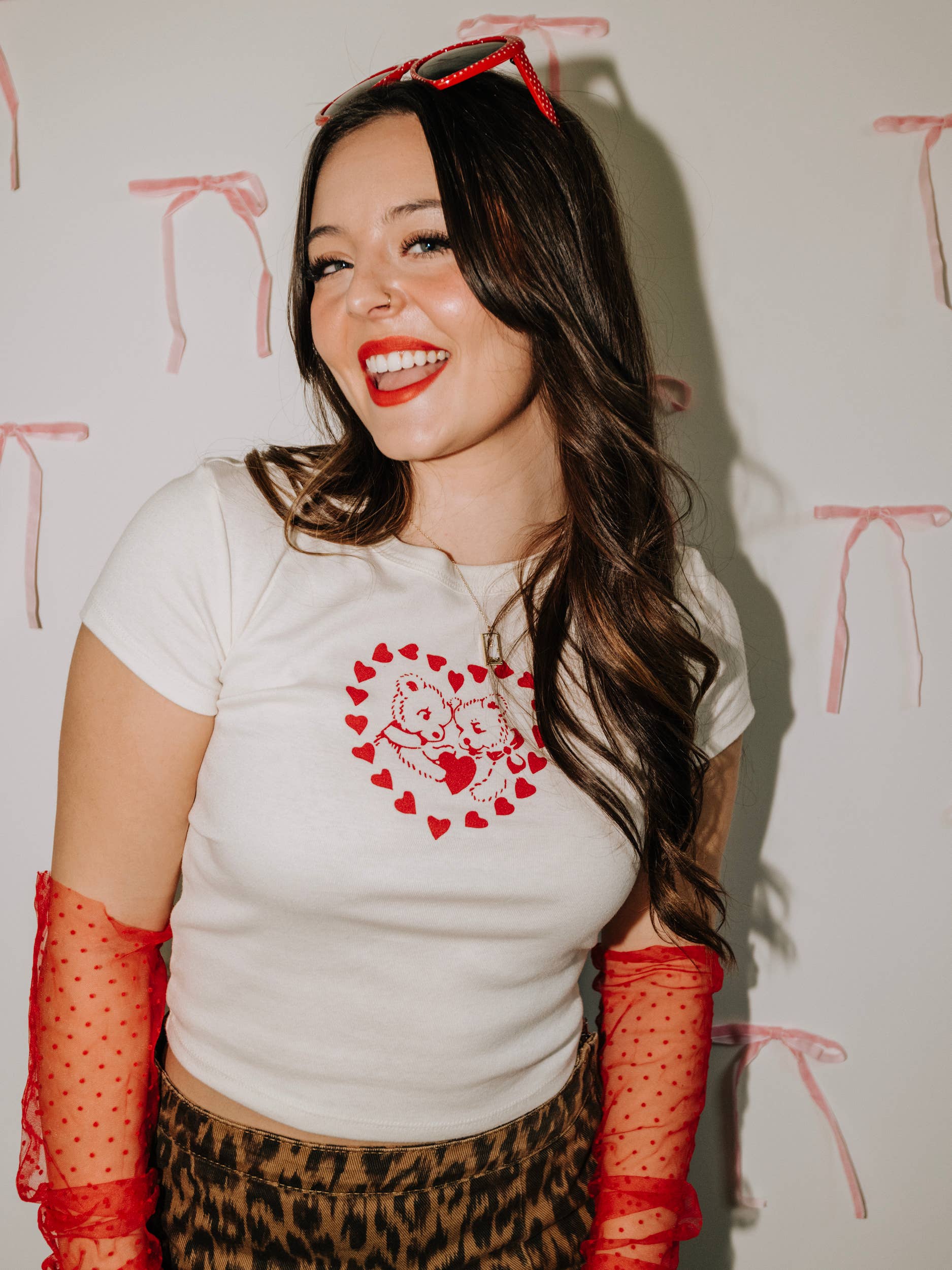 Beary Loved Heart Valentine's Off White Micro Cropped Tee Hoodie, Sweatshirt | PodTeesHub.com