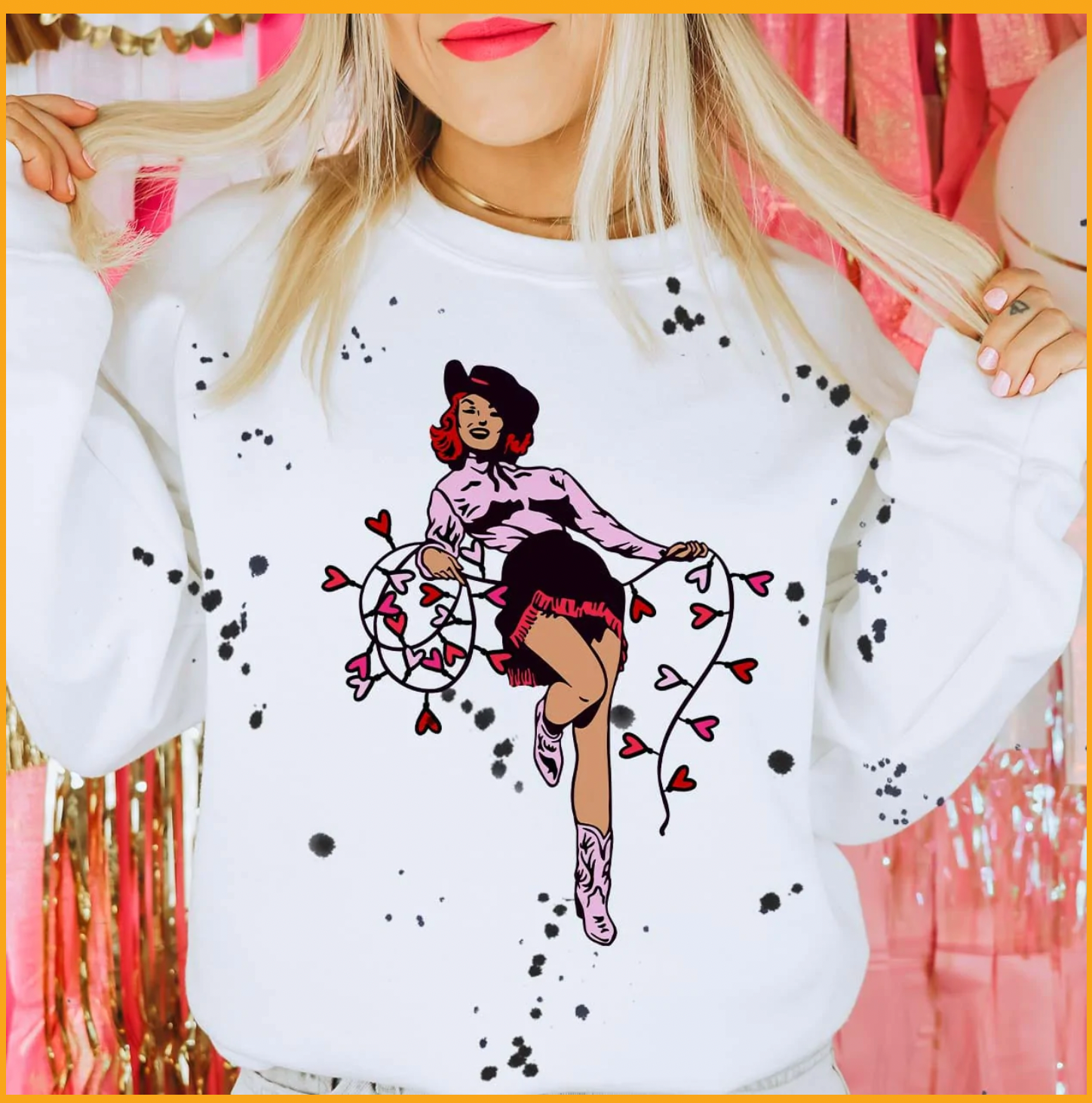 Valentine's Cowgirl - White Sweatshirt w/ Splatter T-Shirts, Hoodie | PodTeesHub.com
