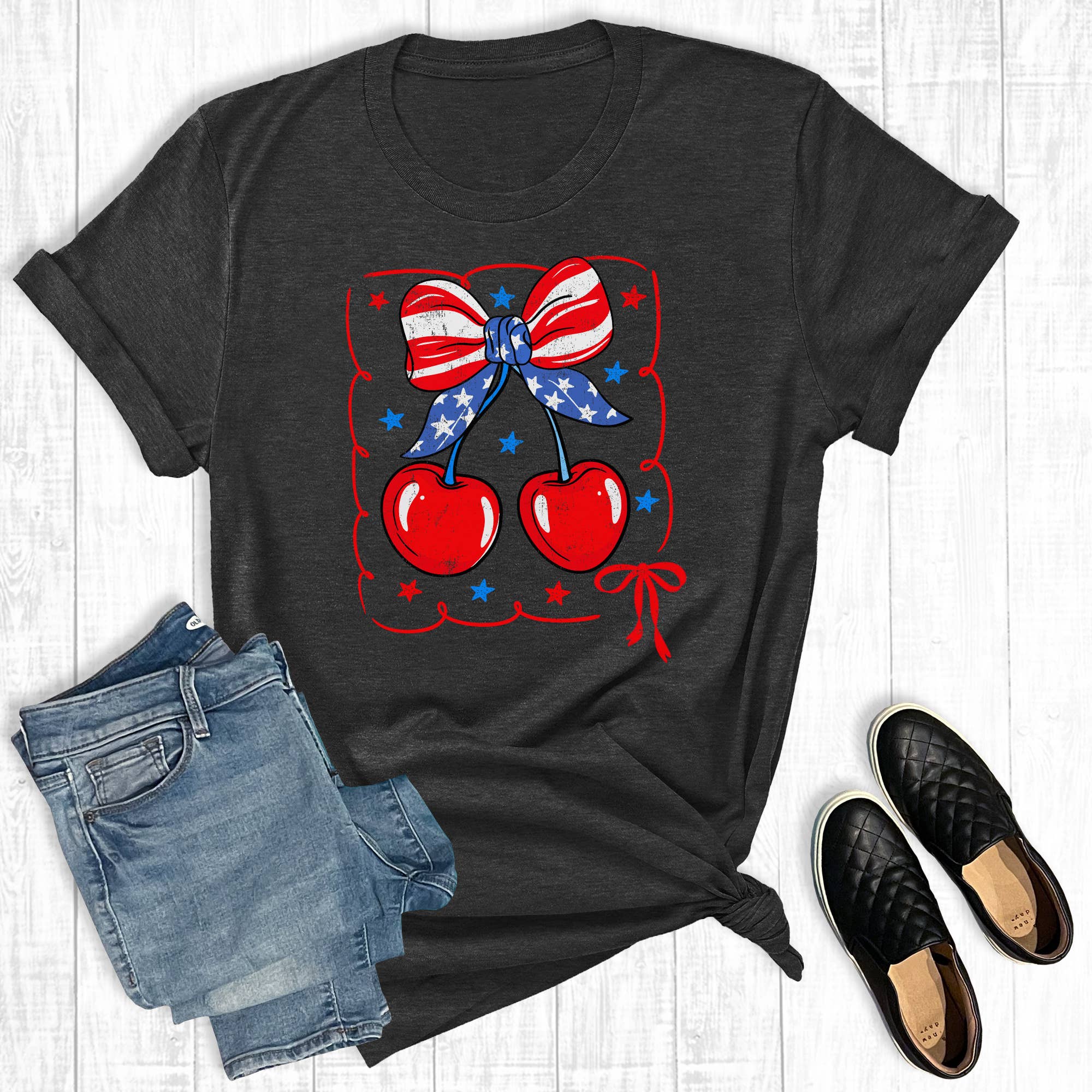 Retro 4th of July Coquette Cherries Graphic Tee Hoodie, Sweatshirt | PodTeesHub.com