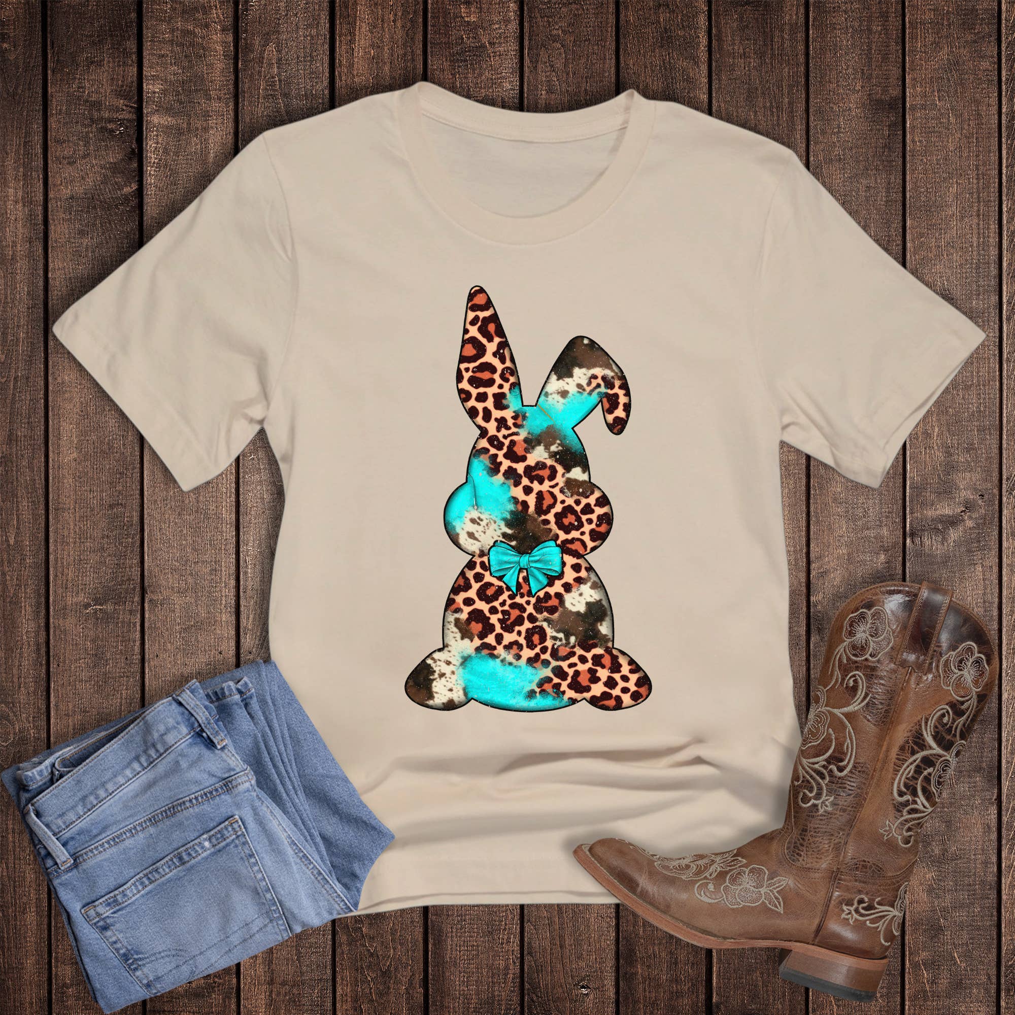 Easter Western Leopard Turquoise Cowhide Bunny Graphic Tee Hoodie, Sweatshirt | PodTeesHub.com