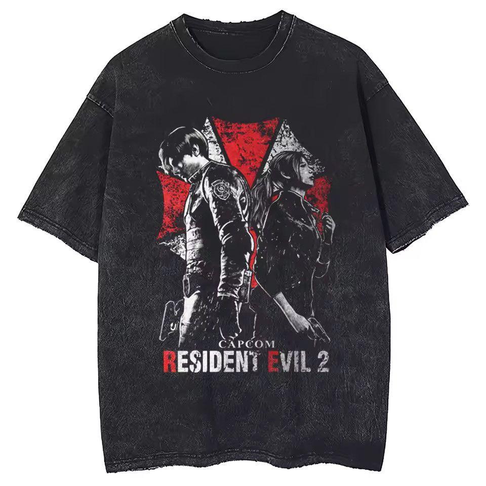Japanese Brand Washed Black T Shirt Street Clothing Pattern Resident Evil Hoodie, Sweatshirt | PodTeesHub.com